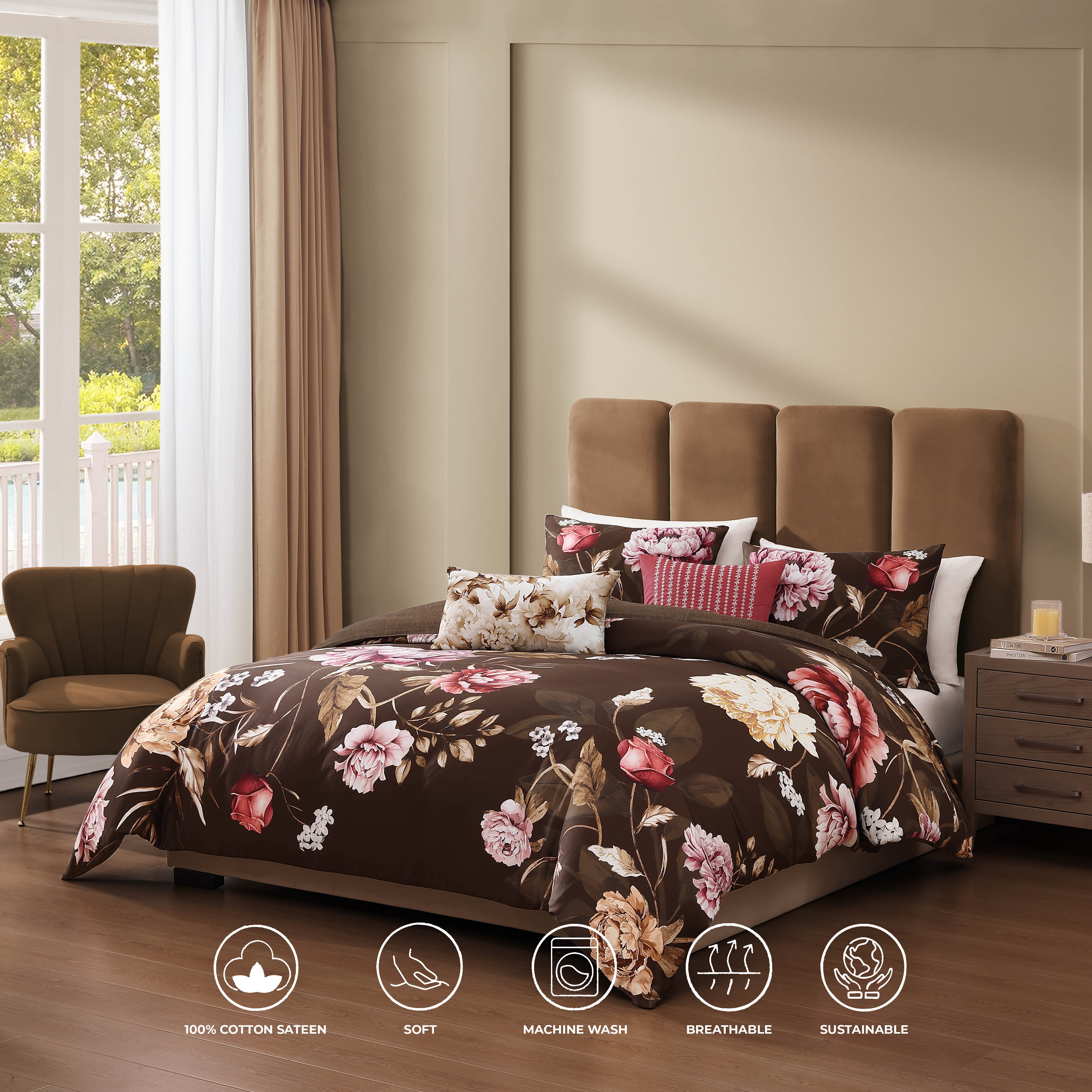 Bebejan Floral Garden on Mocha 5 Piece Reversible Comforter Set Comforter Sets By Bebejan®