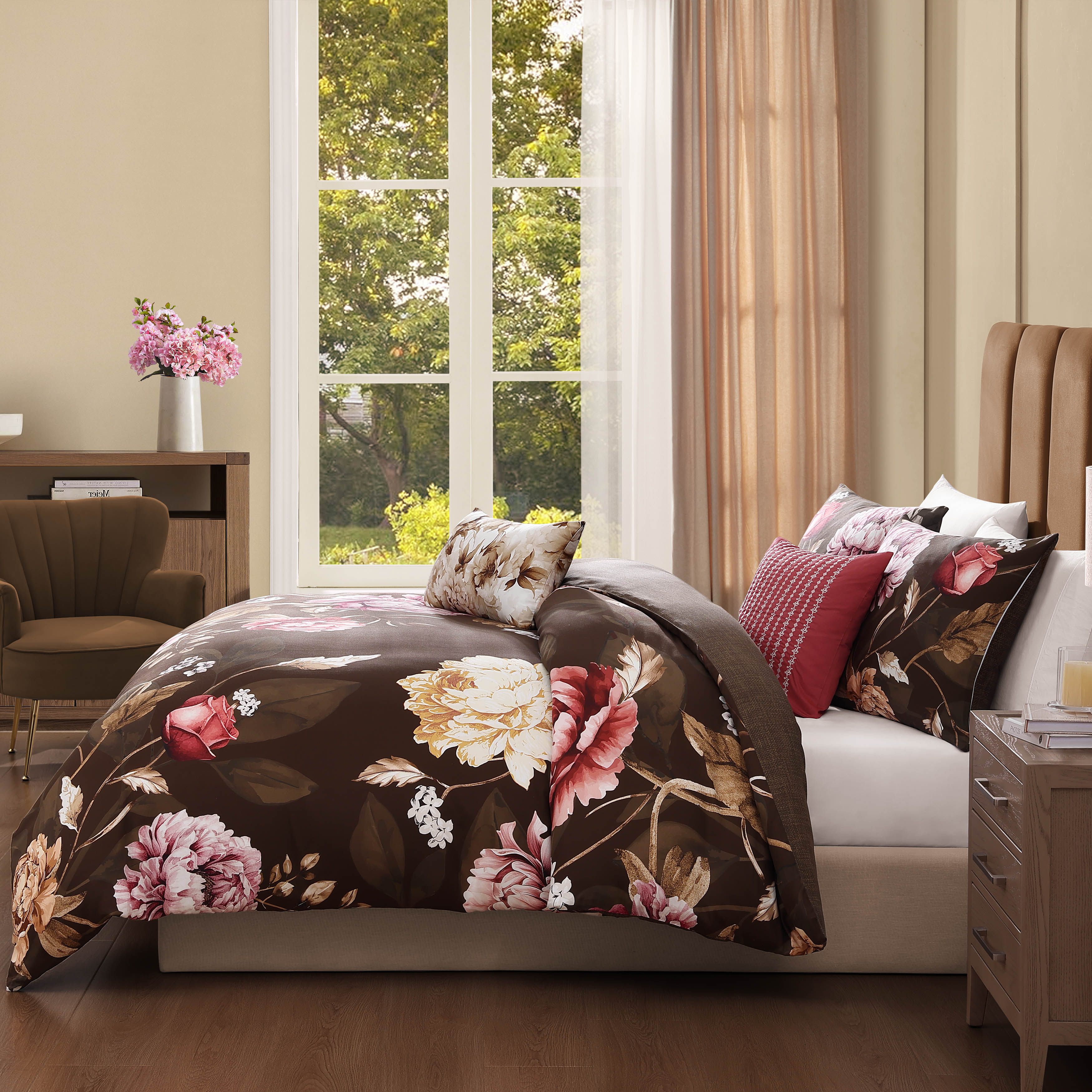Bebejan Floral Garden on Mocha 5 Piece Reversible Comforter Set Comforter Sets By Bebejan®