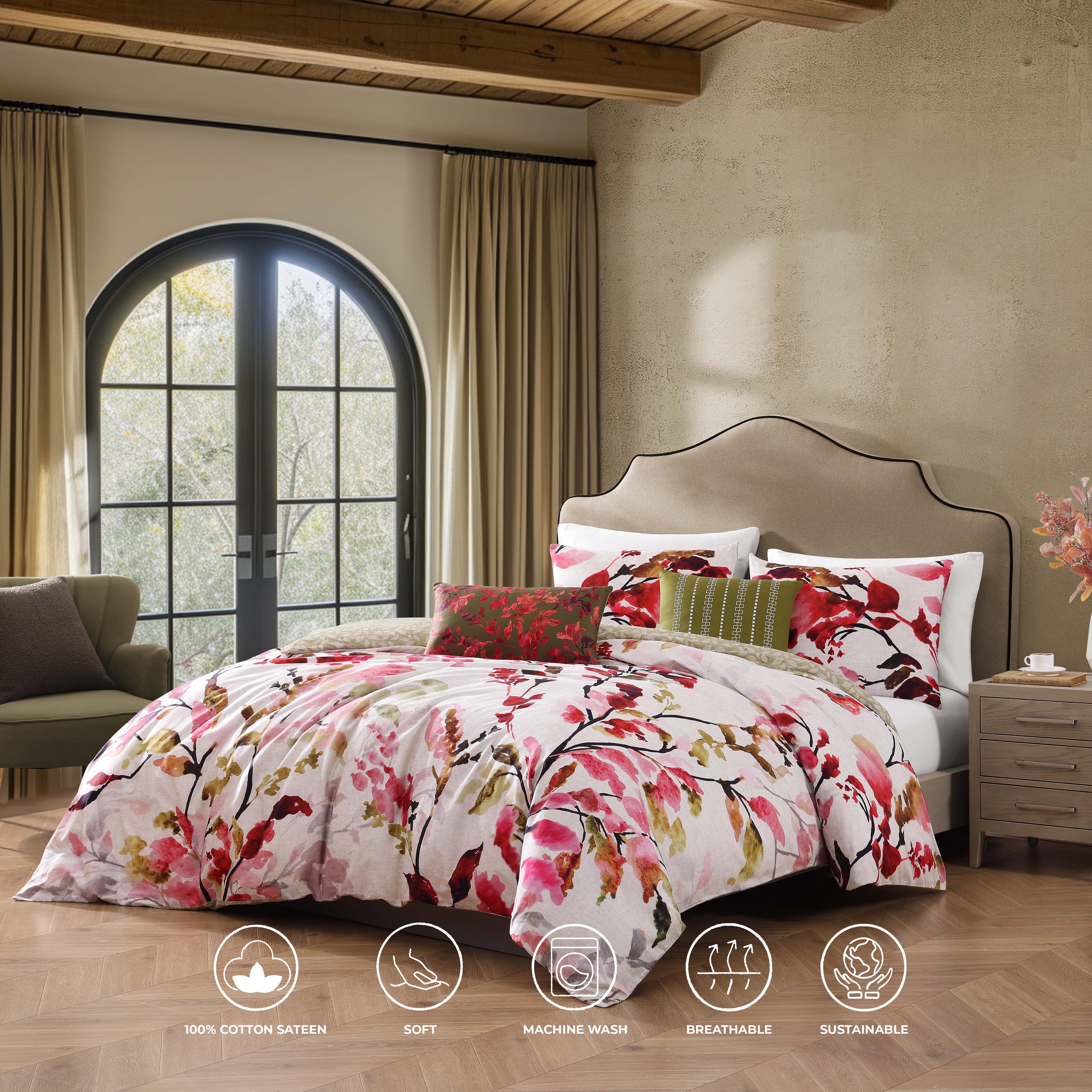 Bebejan Leaves on Linen 3 Piece Reversible Comforter Set in King-Final Sale Comforter Sets By US Office - Latest-bedding