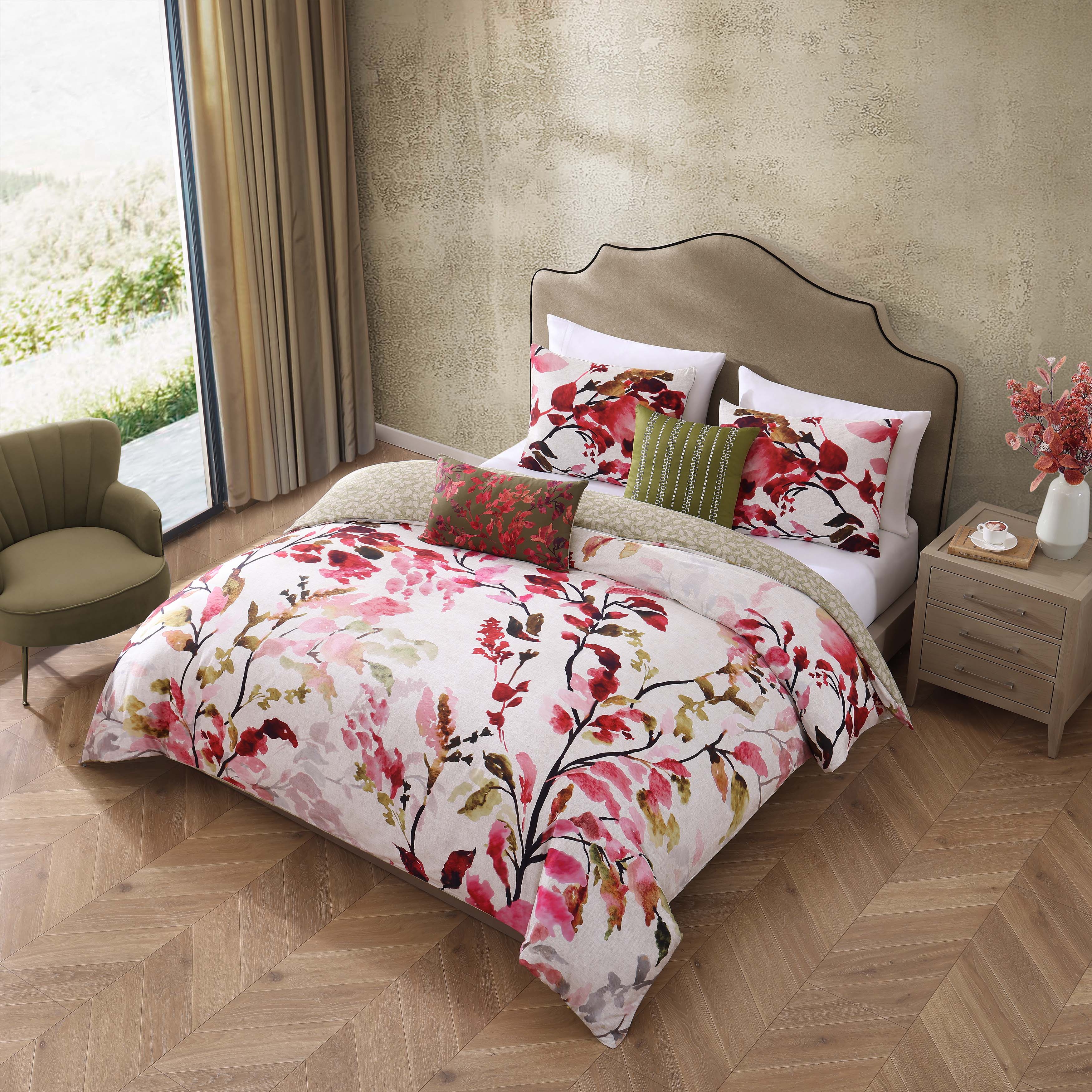 Bebejan Leaves on Linen 3 Piece Reversible Comforter Set in King-Final Sale Comforter Sets By US Office - Latest-bedding