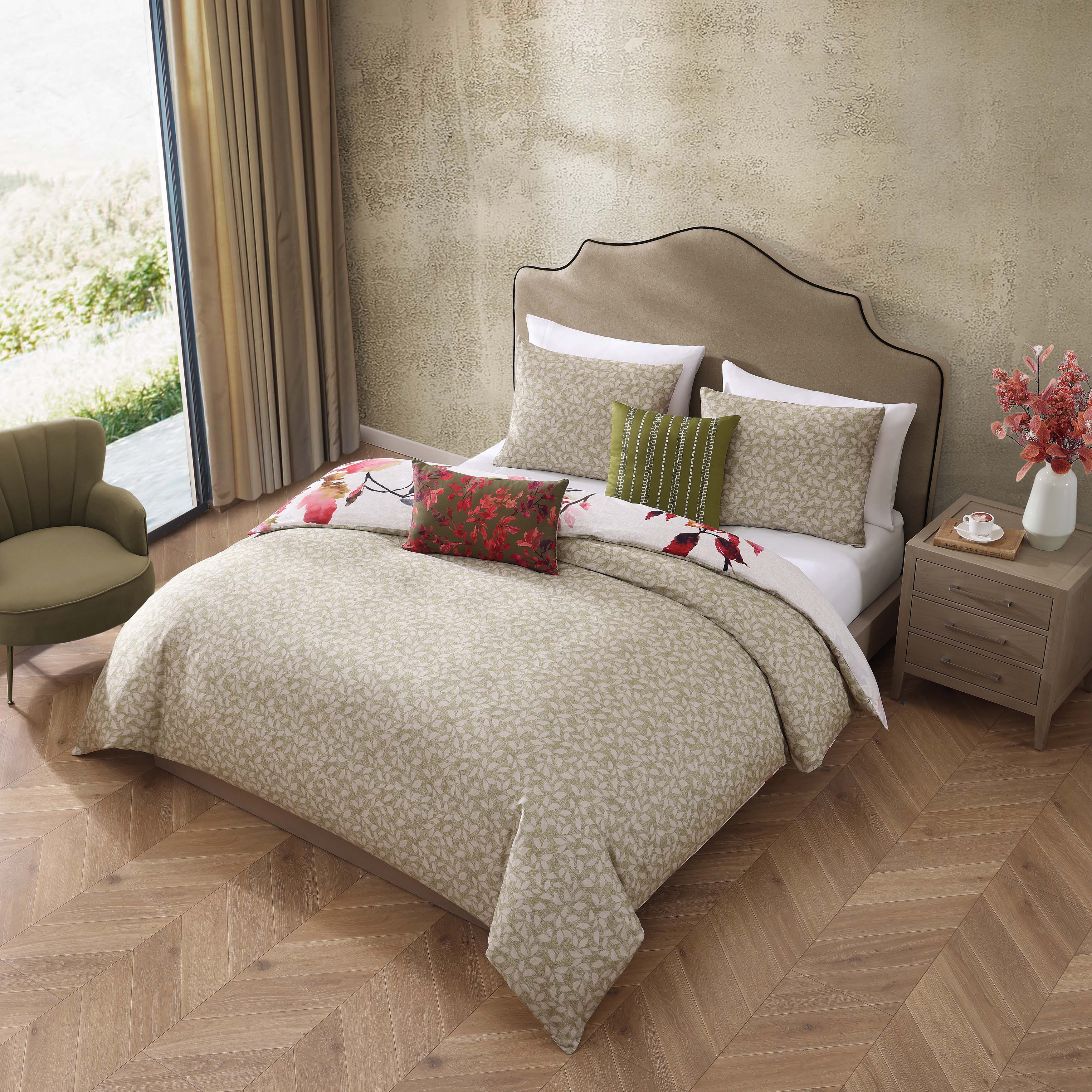 Bebejan Leaves on Linen 3 Piece Reversible Comforter Set in King-Final Sale Comforter Sets By US Office - Latest-bedding