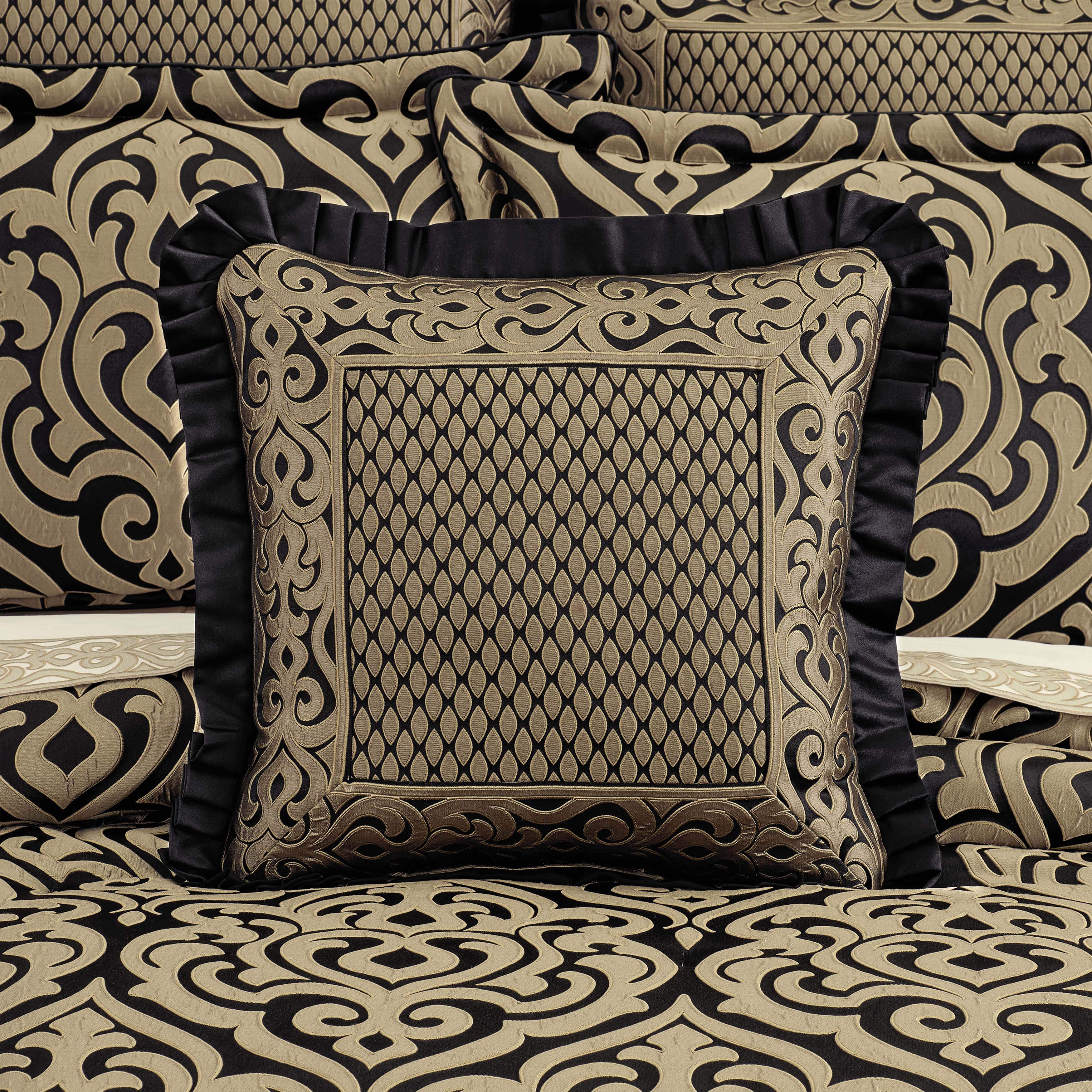 Bolero Black and Gold Square Embellished Decorative Throw Pillow 20" x 20" Throw Pillows By J. Queen New York