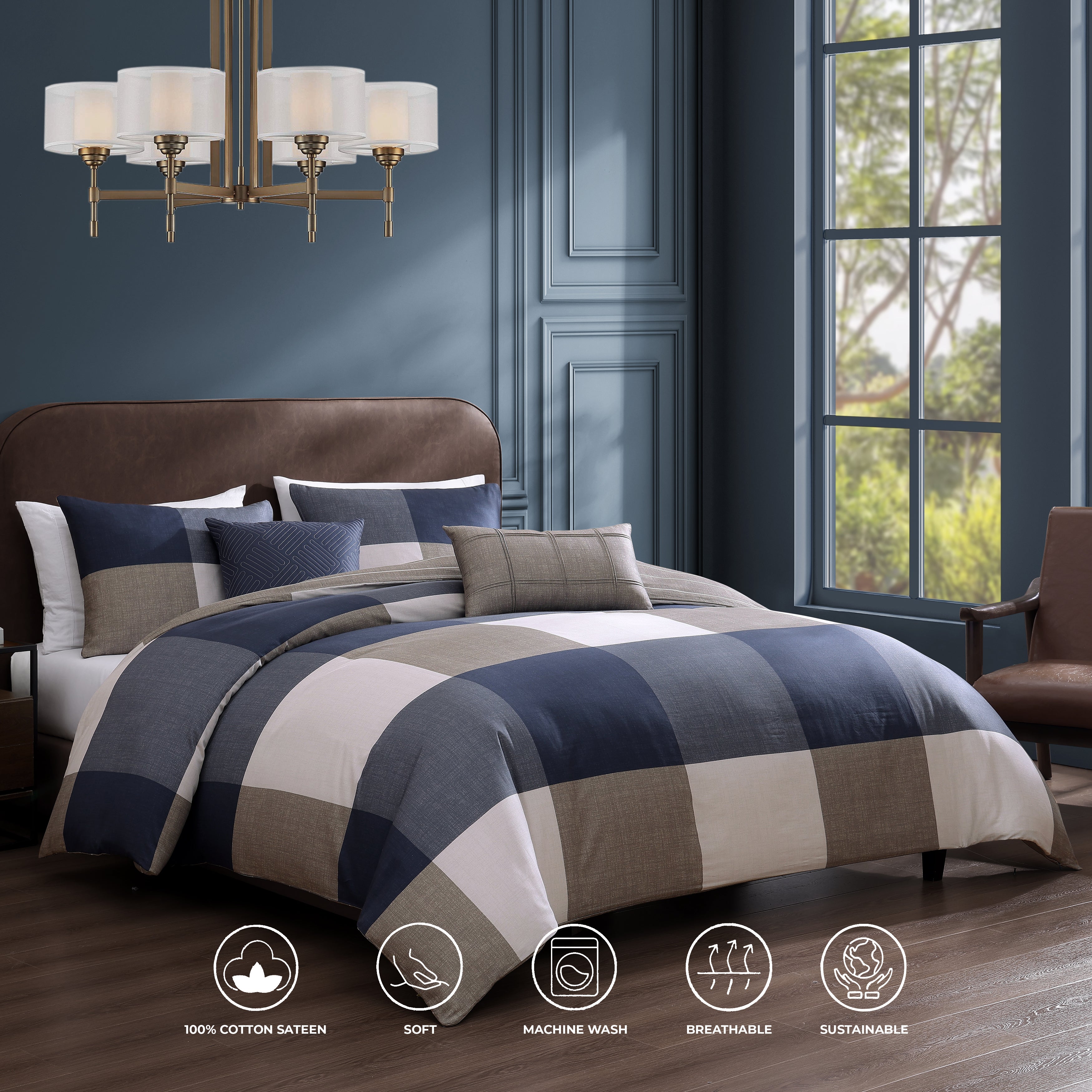 Bebejan Checkered Navy Tan 5 Piece Reversible Comforter Set Comforter Sets By Bebejan®