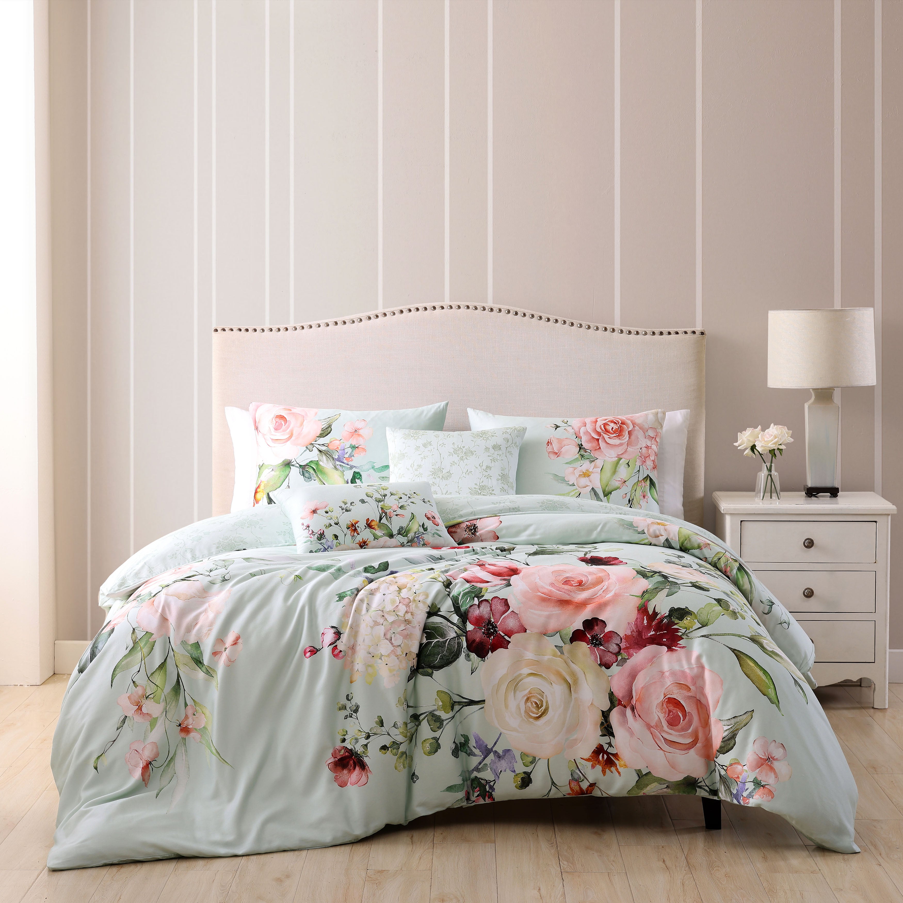 Bebejan Rose on Misty Green 5 Piece Reversible Comforter Set in Queen- Final Sale Comforter Sets By US Office - Latest-bedding