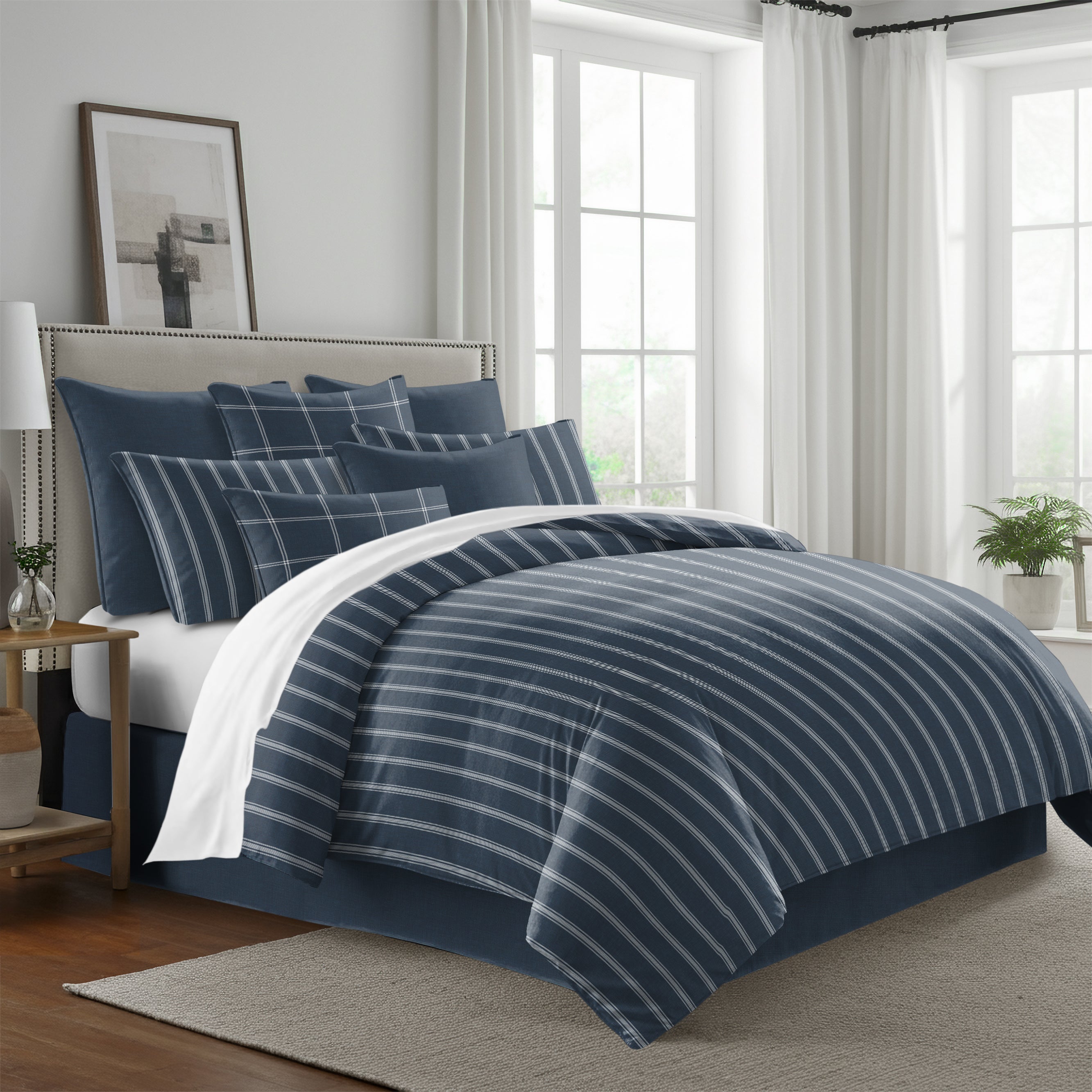 Shay Broad Tic Stripe Dark Denim 8 Piece Duvet Cover Set Duvet Covers By Colcha Linens