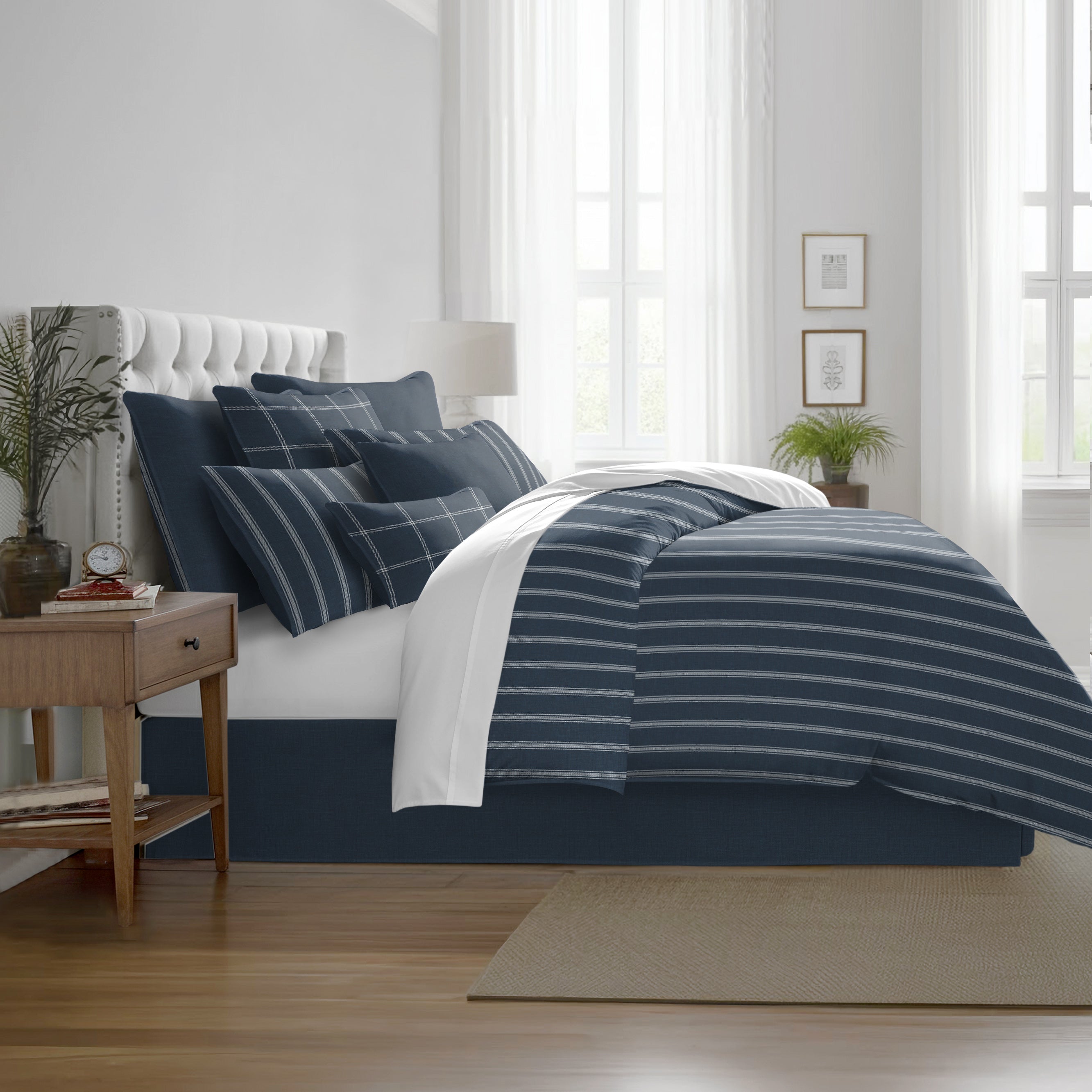 Shay Broad Tic Stripe Dark Denim 8 Piece Comforter Set Comforter Sets By Colcha Linens