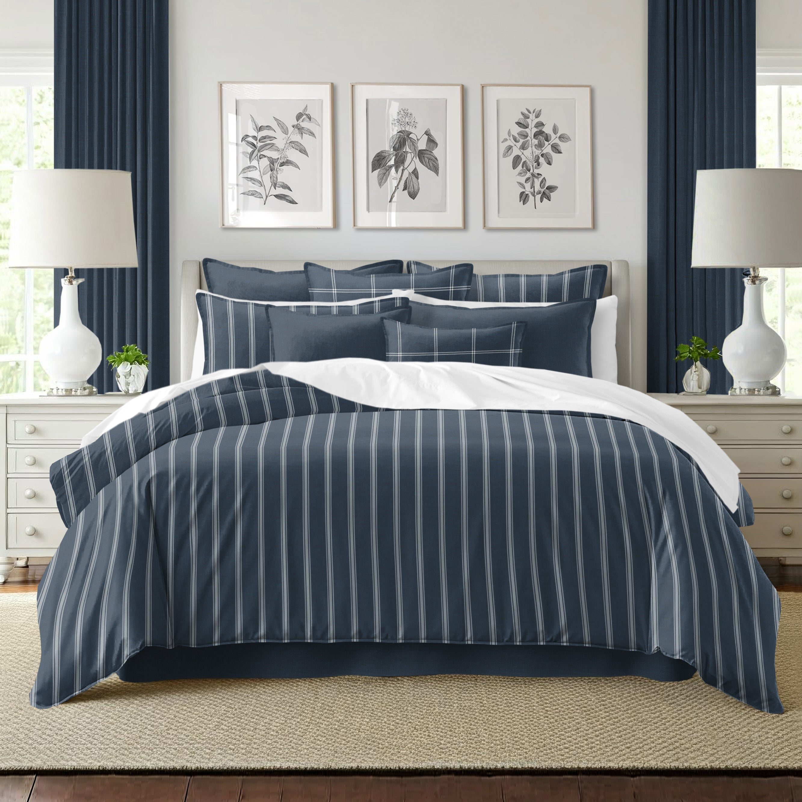 Shay Broad Tic Stripe Dark Denim 8 Piece Comforter Set Comforter Sets By Colcha Linens