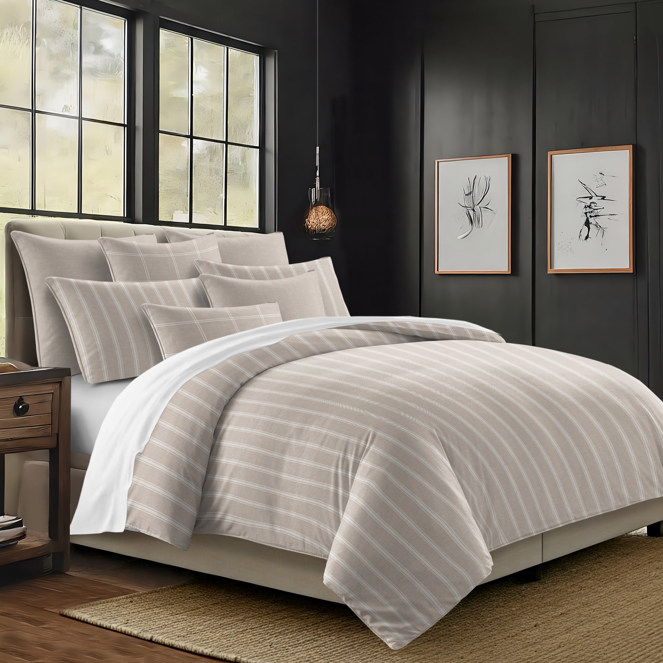 Shay Broad Tic Stripe Natural 8 Piece Comforter Set Comforter Sets By Colcha Linens