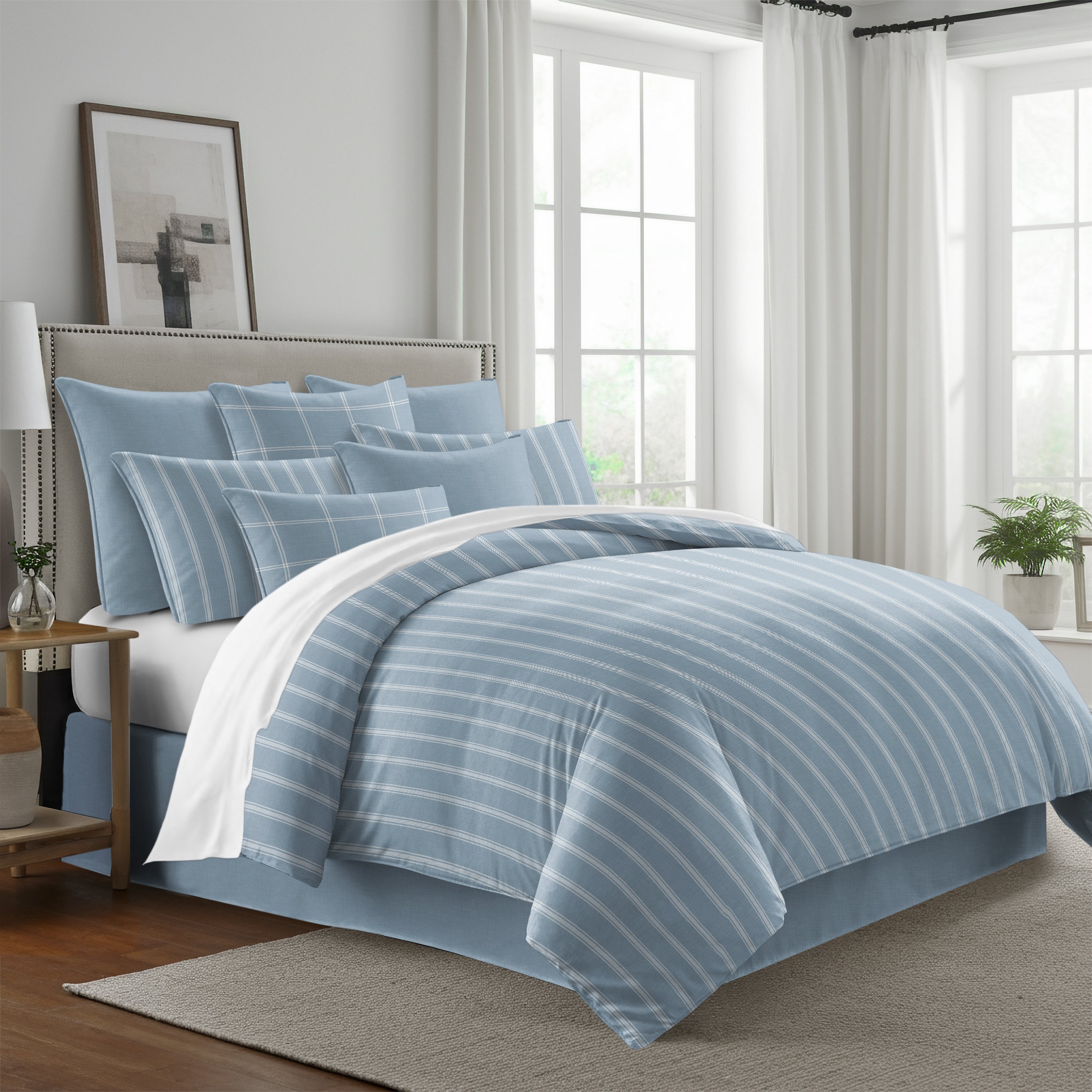 Shay Window Pane Cornflower Blue 8 Piece Comforter Set Comforter Sets By Colcha Linens