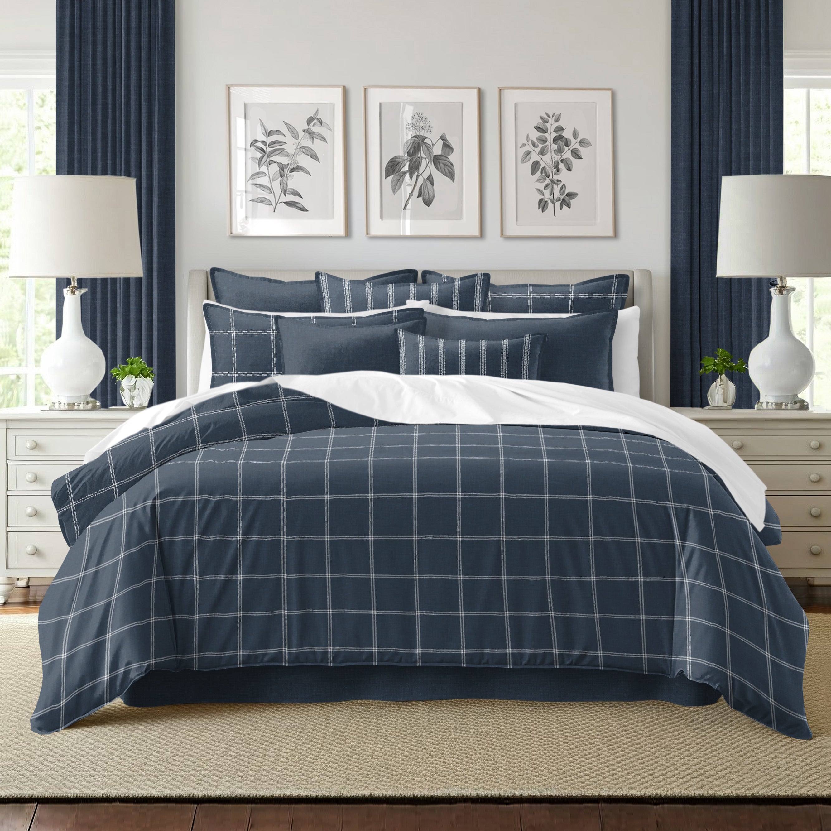 Shay Window Pane Dark Denim 8 Piece Comforter Set Comforter Sets By Colcha Linens