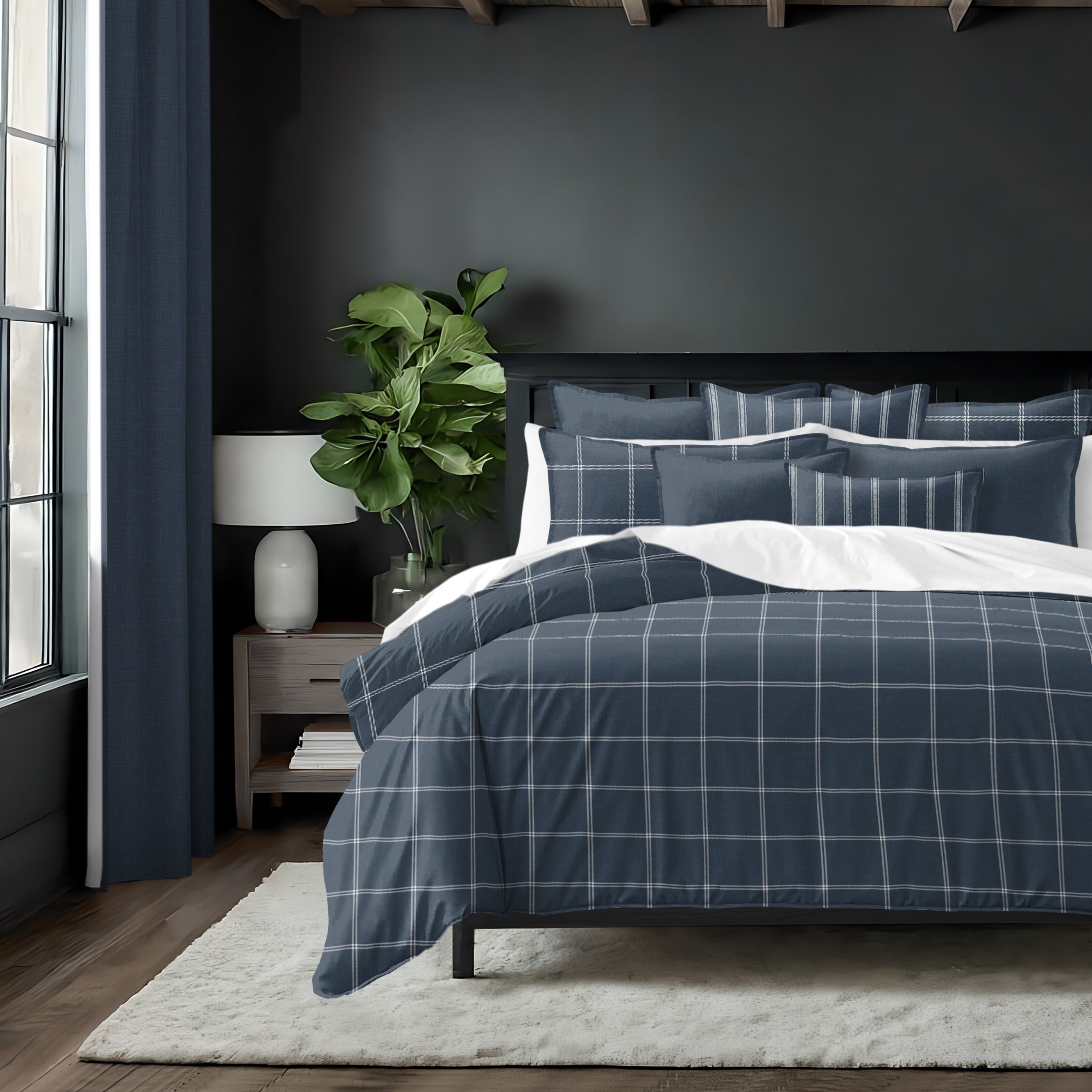 Shay Window Pane Dark Denim 8 Piece Comforter Set Comforter Sets By Colcha Linens