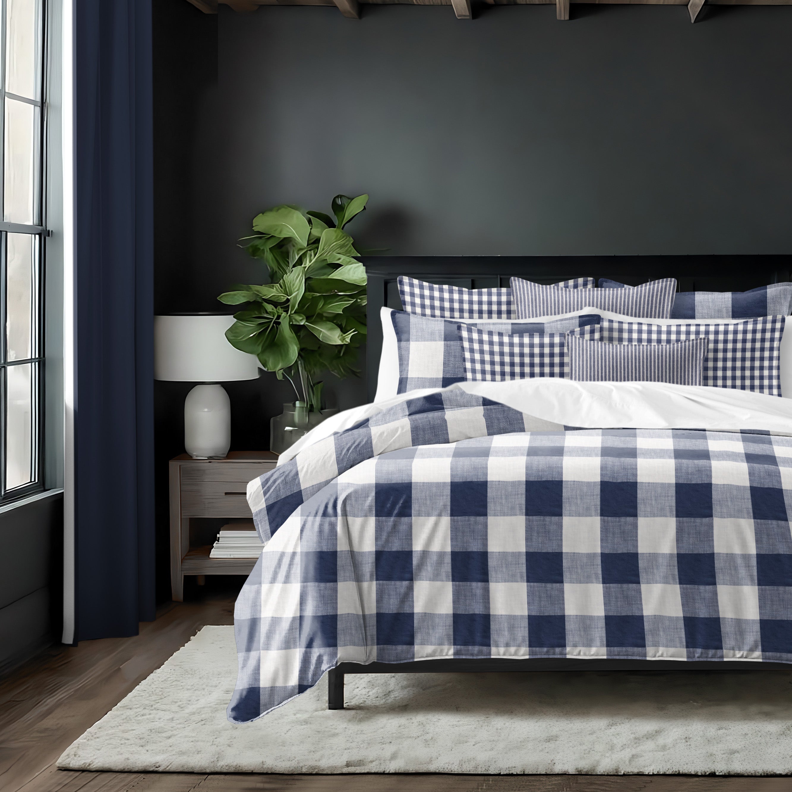 Walker Buffalo Reverse to Check Indigo/Ivory 8 Piece Comforter Set Comforter Sets By Colcha Linens