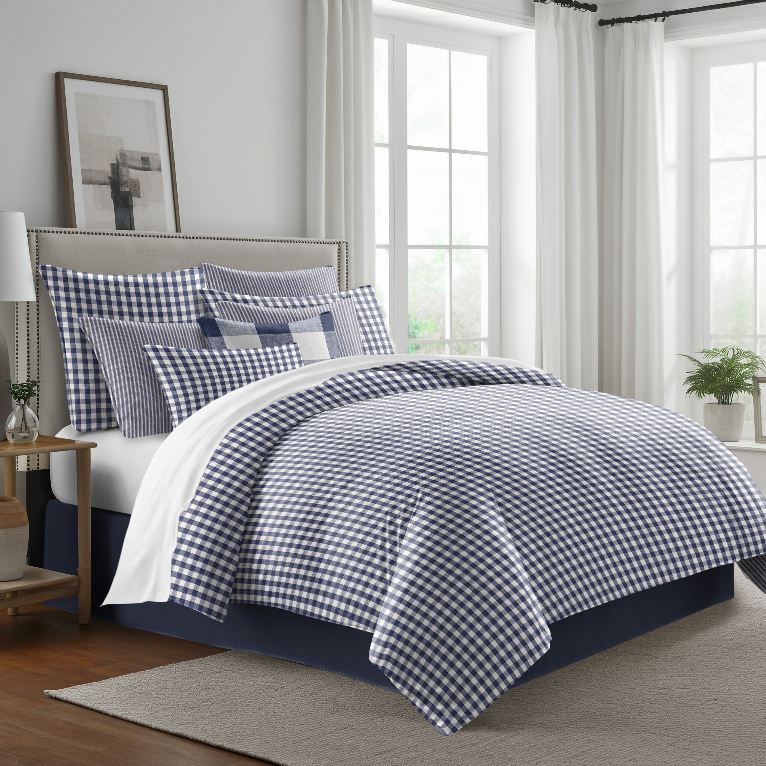 Walker Check Reverse to Stripe Indigo/Ivory 8 Piece Comforter Set Comforter Sets By Colcha Linens