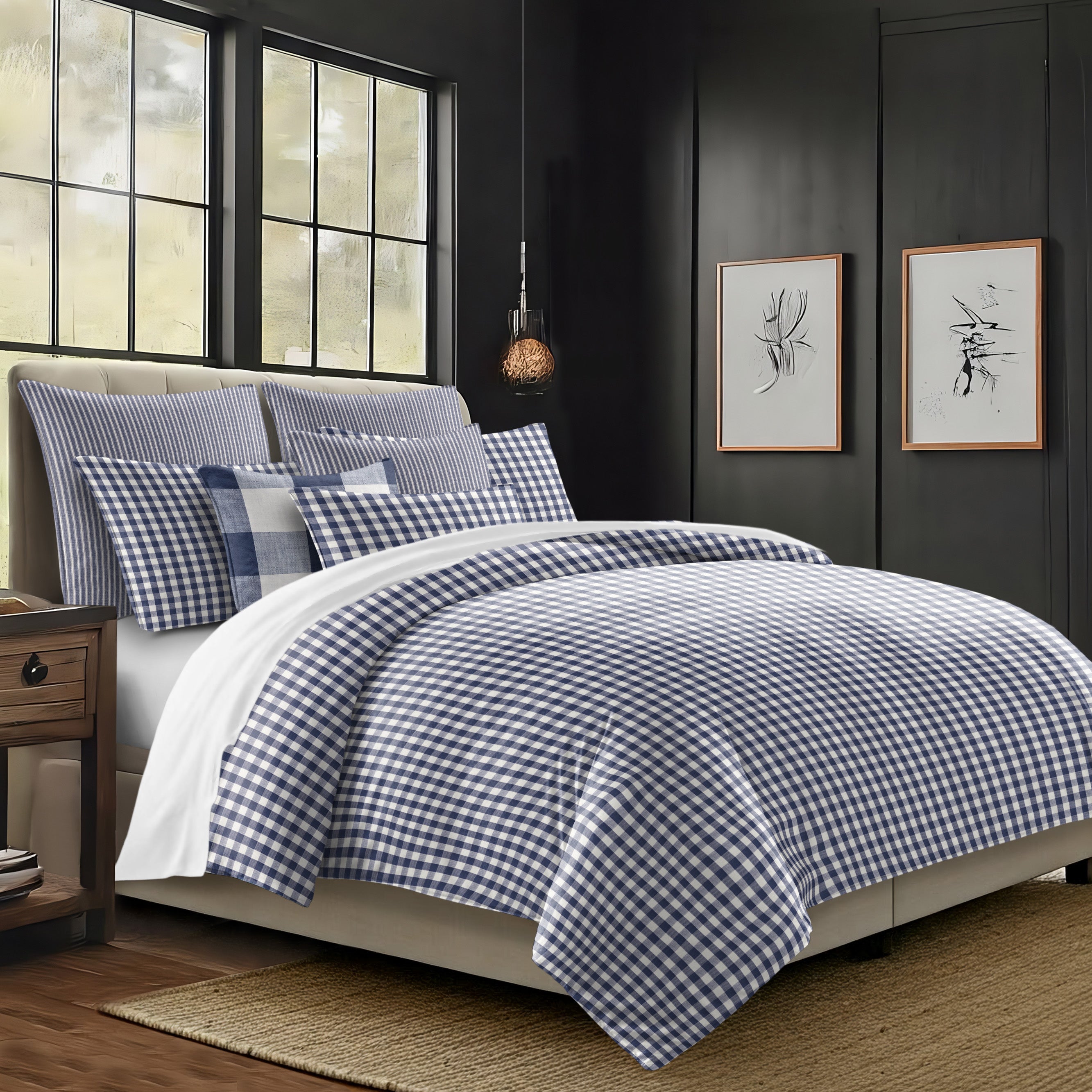 Walker Check Reverse to Stripe Indigo/Ivory 8 Piece Coverlet Set Coverlet By Colcha Linens