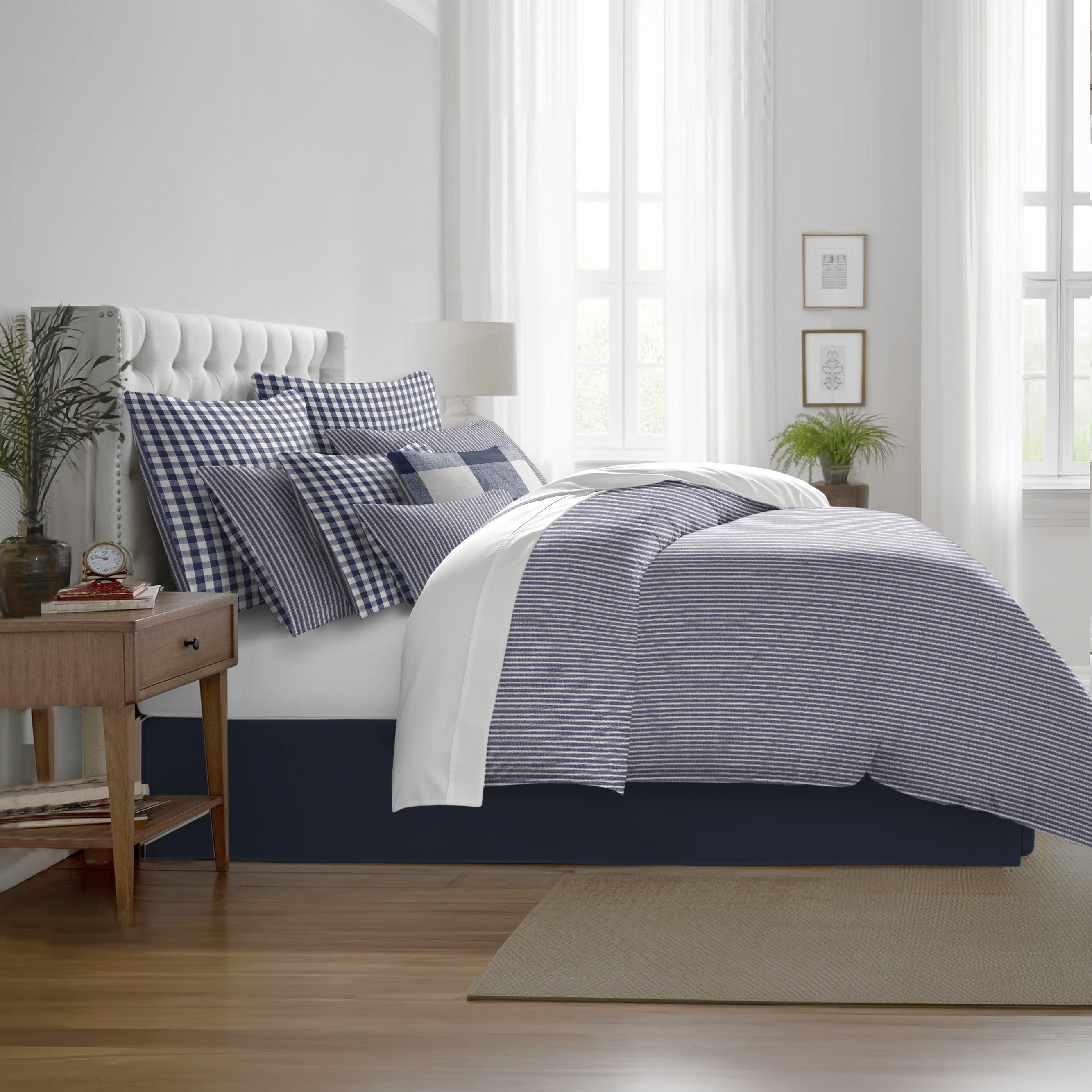 Walker Tic Stripe Reverse to Check Indigo/Ivory 8 Piece Comforter Set Comforter Sets By Colcha Linens