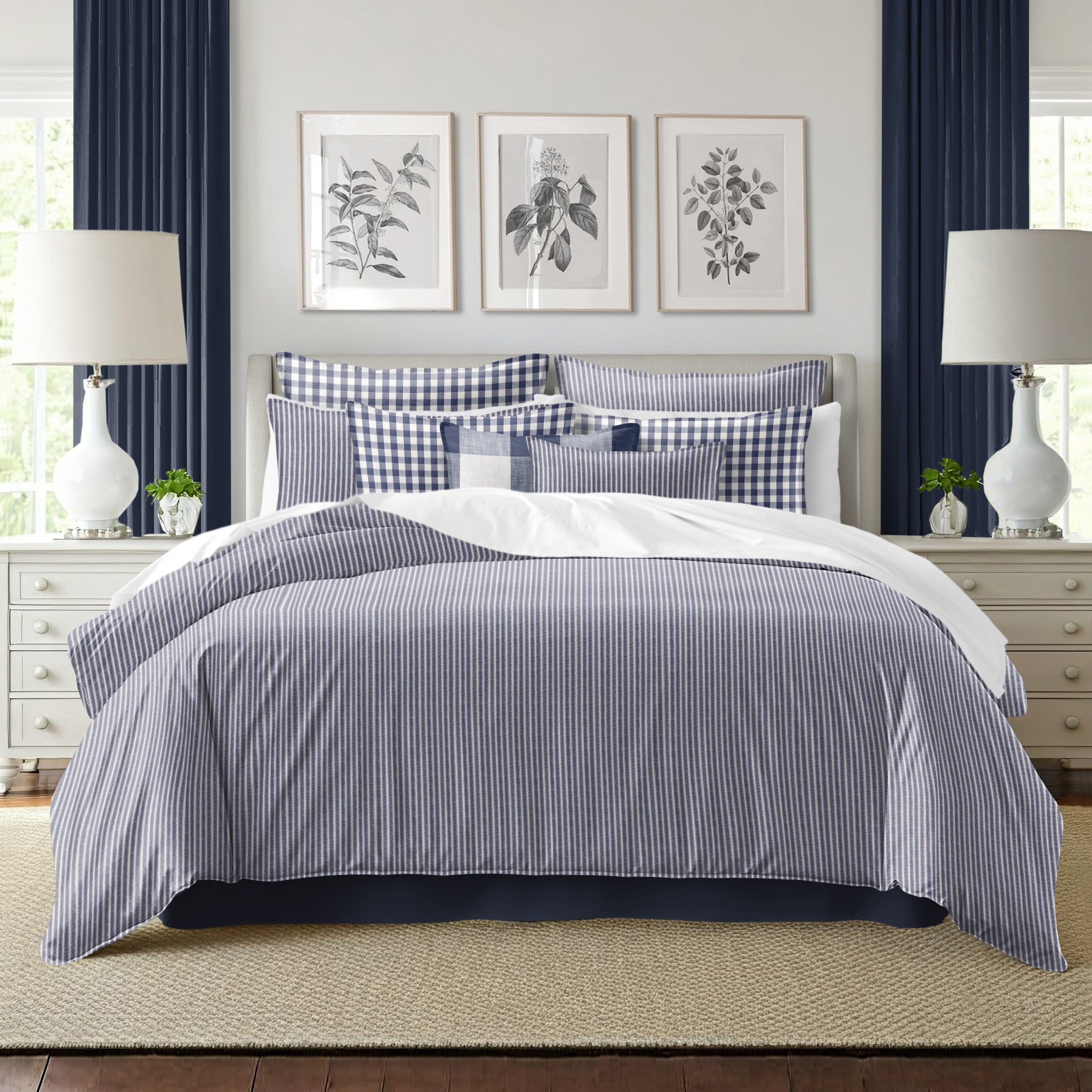 Walker Tic Stripe Reverse to Check Indigo/Ivory 8 Piece Comforter Set Comforter Sets By Colcha Linens