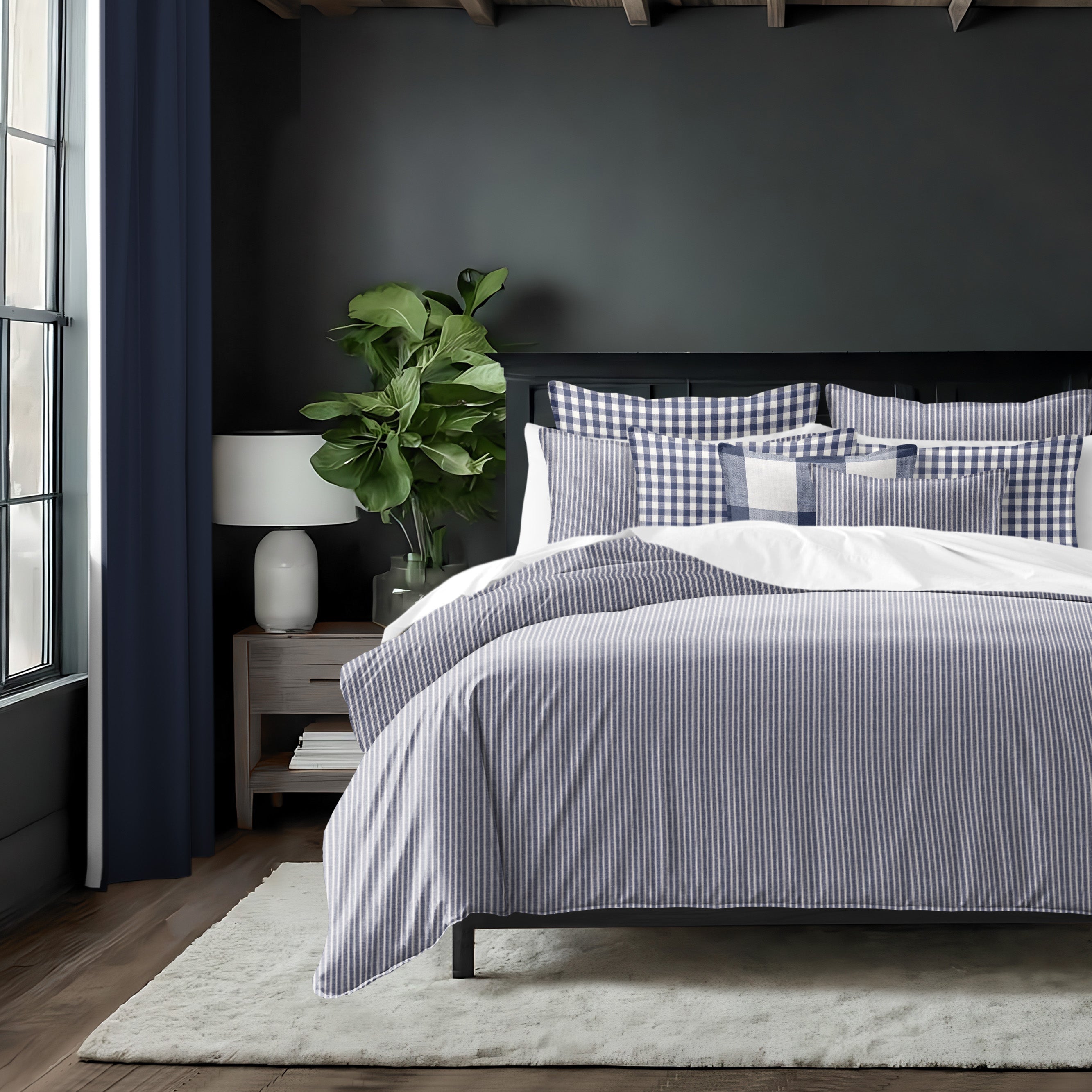 Walker Tic Stripe Reverse to Check Indigo/Ivory 8 Piece Coverlet Set Coverlet By Colcha Linens
