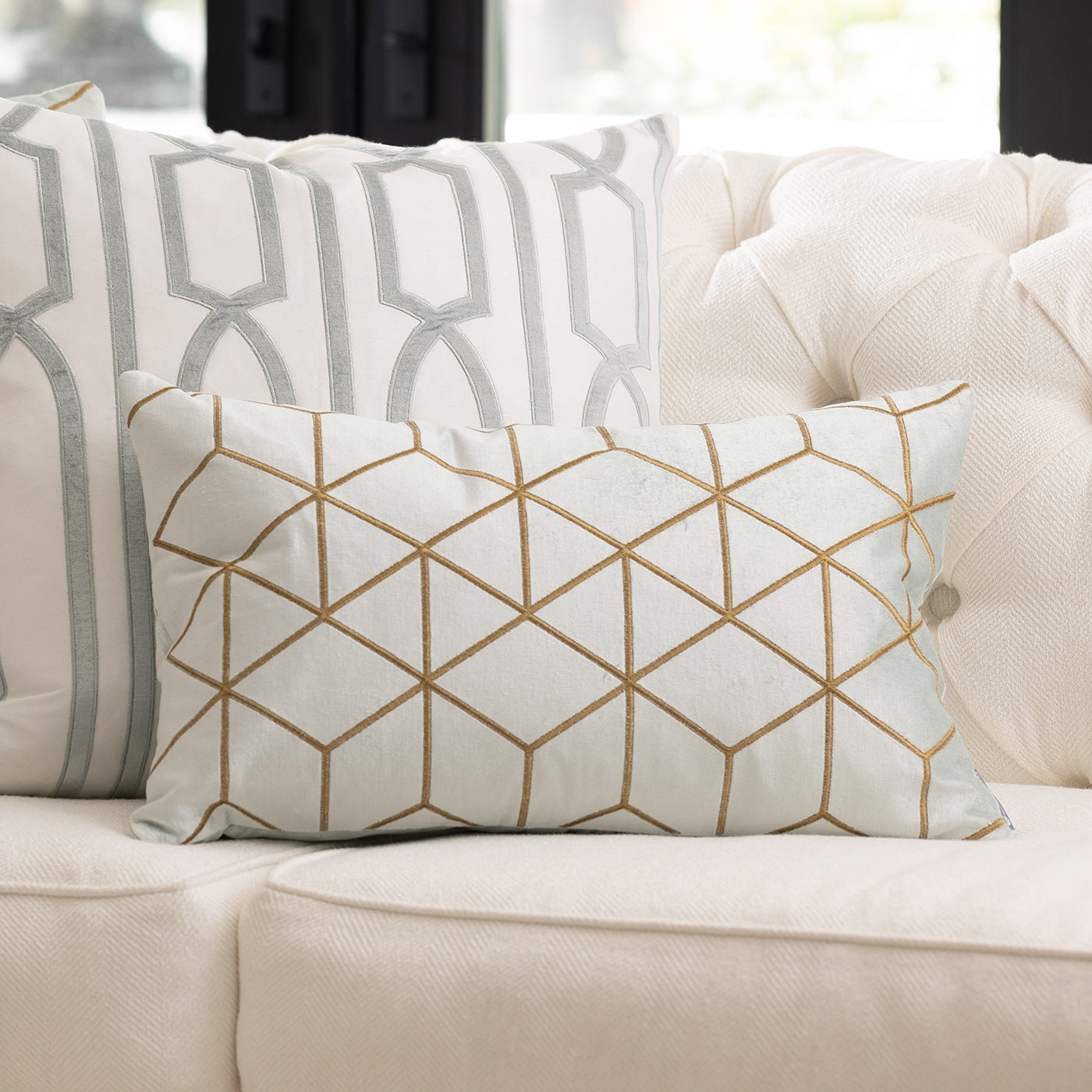 Cube Aquamarine/Gold Sm Rectangle Decorative Throw Pillow 22" x 14" Throw Pillows By Lili Alessandra