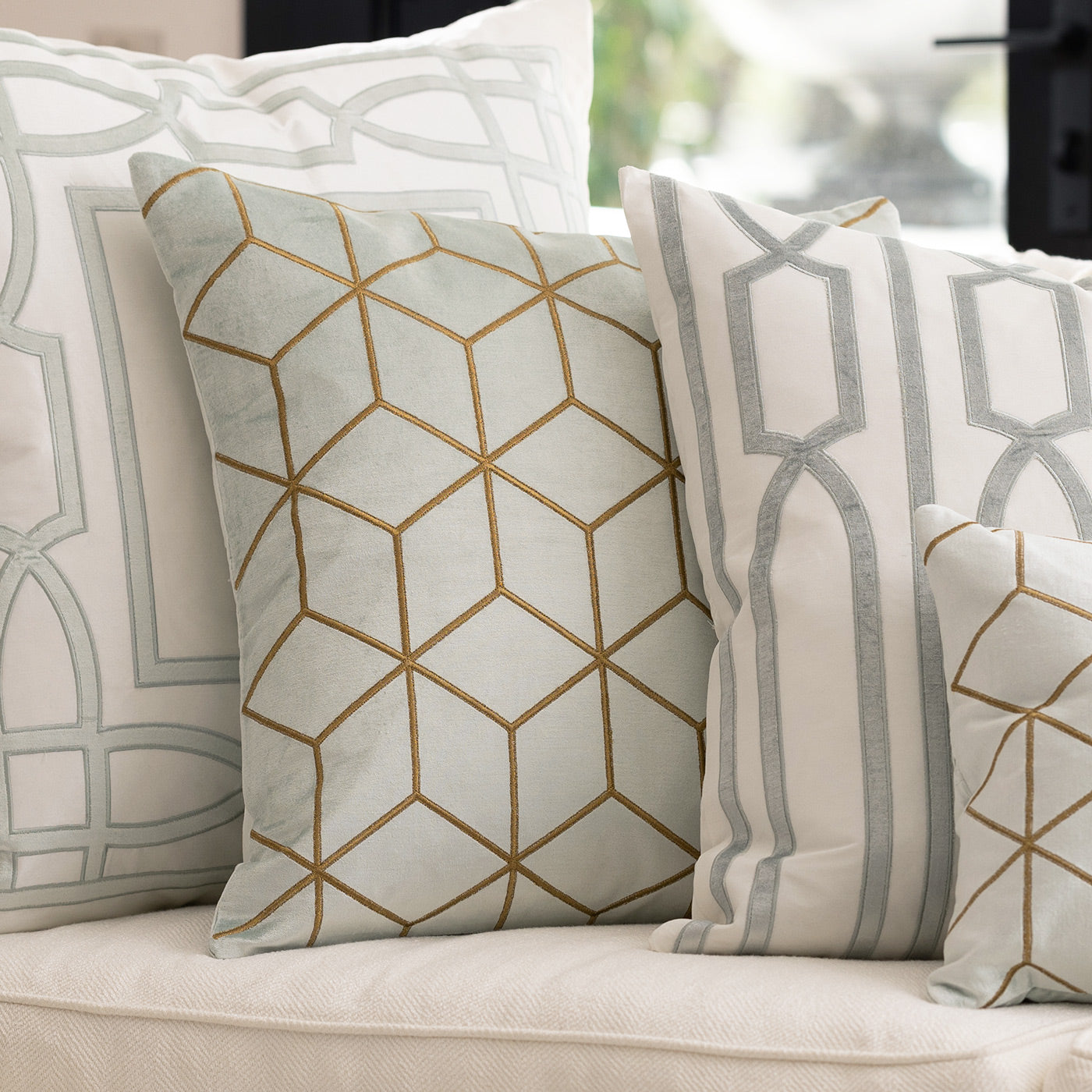 Cube Aquamarine/Gold Square Decorative Throw Pillow 22" x 22" Throw Pillows By Lili Alessandra