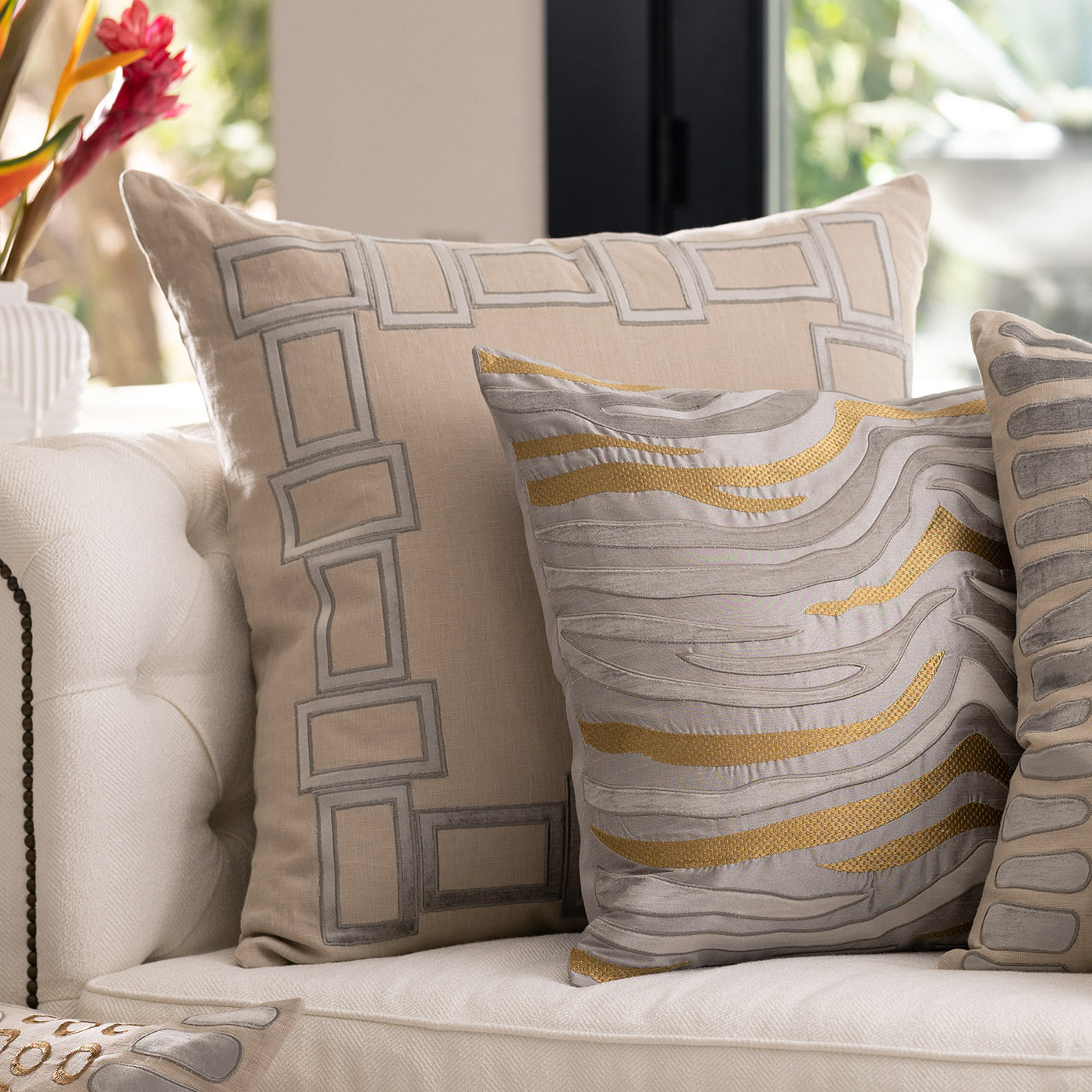 Peru Dark Sand/Platinum Euro Border Decorative Throw Pillow 28" x 28" Throw Pillows By Lili Alessandra