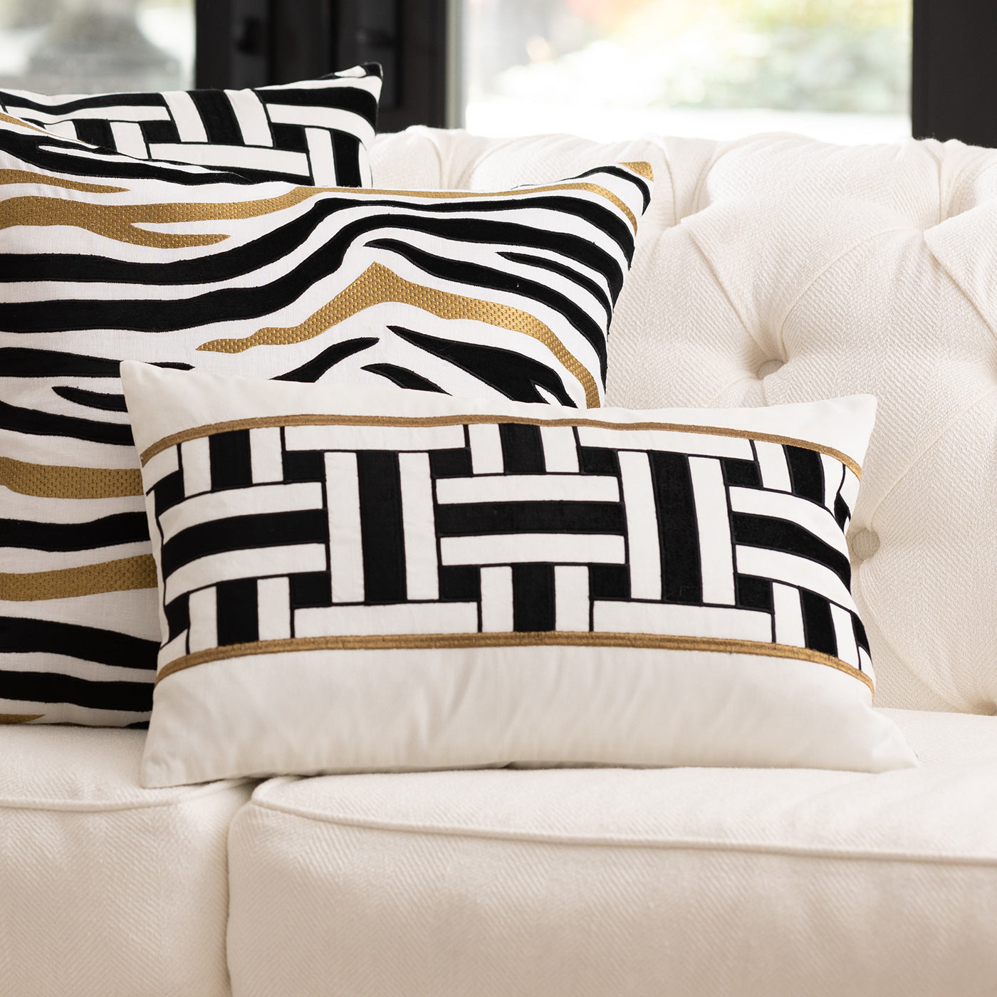 Tommy Ivory/Black/Gold Euro Border Decorative Throw Pillow 24" x 14" Throw Pillows By Lili Alessandra