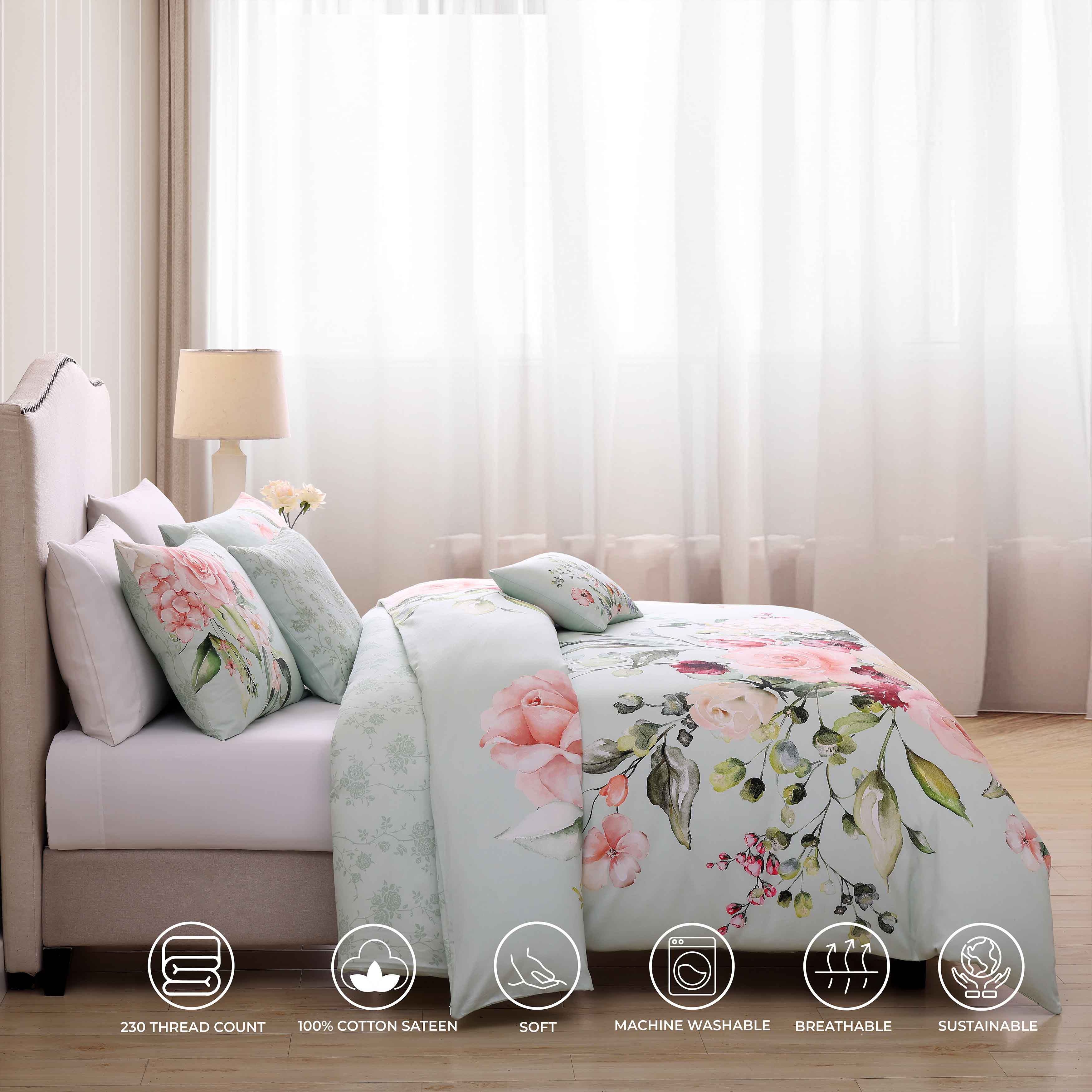 Bebejan Rose on Misty Green 5 Piece Reversible Comforter Set in Queen- Final Sale Comforter Sets By US Office - Latest-bedding