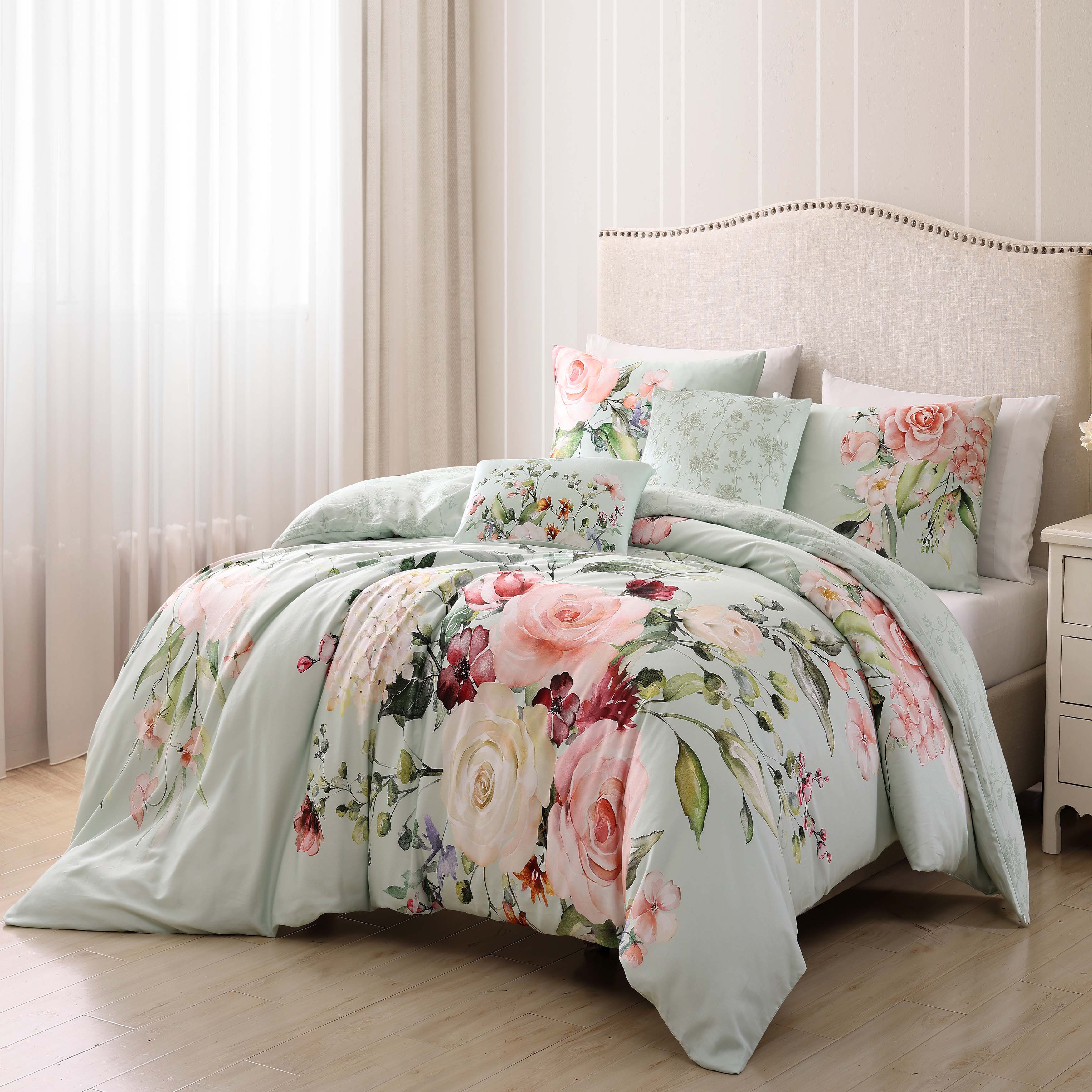 Bebejan Rose on Misty Green 5 Piece Reversible Comforter Set in Queen- Final Sale Comforter Sets By US Office - Latest-bedding
