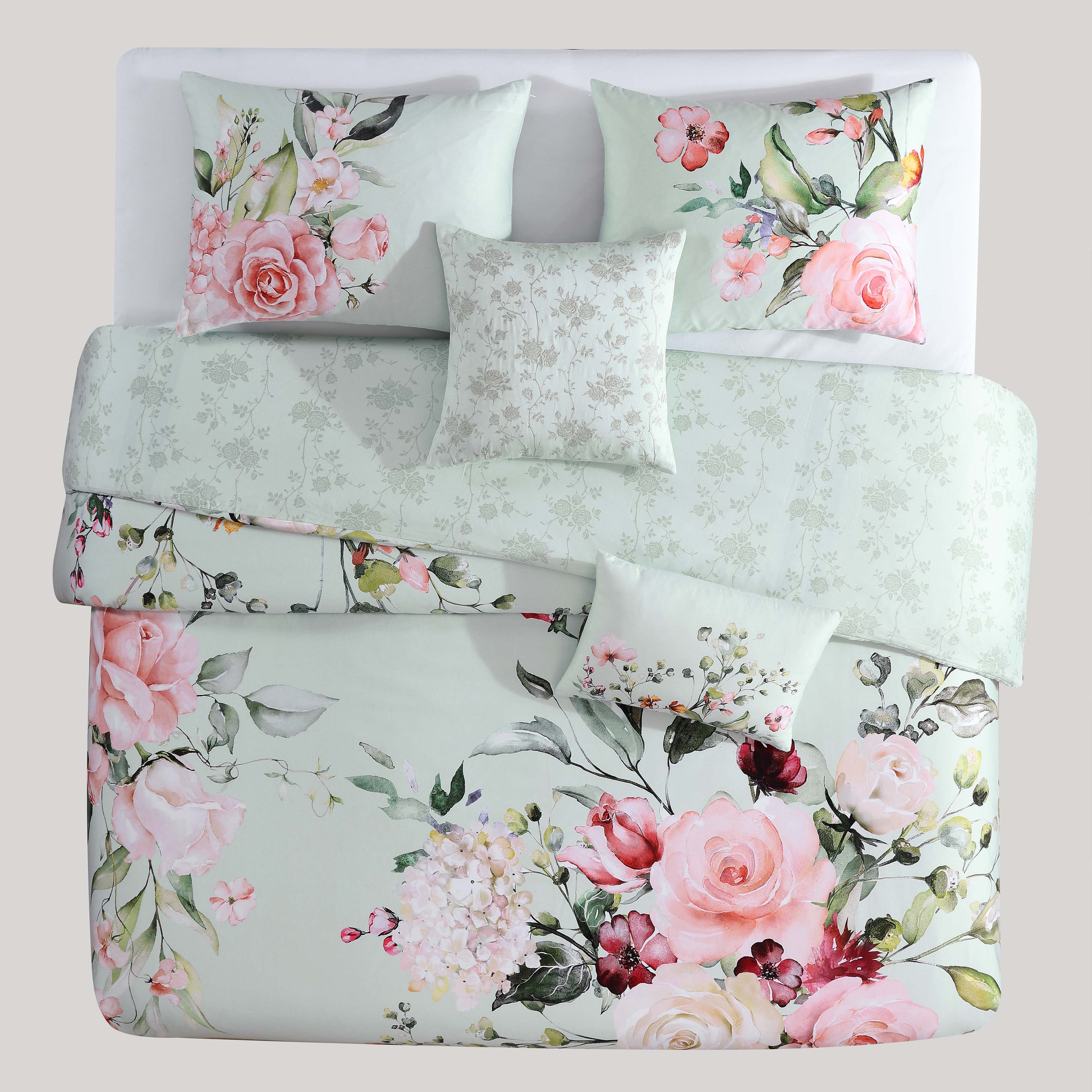 Bebejan Rose on Misty Green 5 Piece Reversible Comforter Set in Queen- Final Sale Comforter Sets By US Office - Latest-bedding