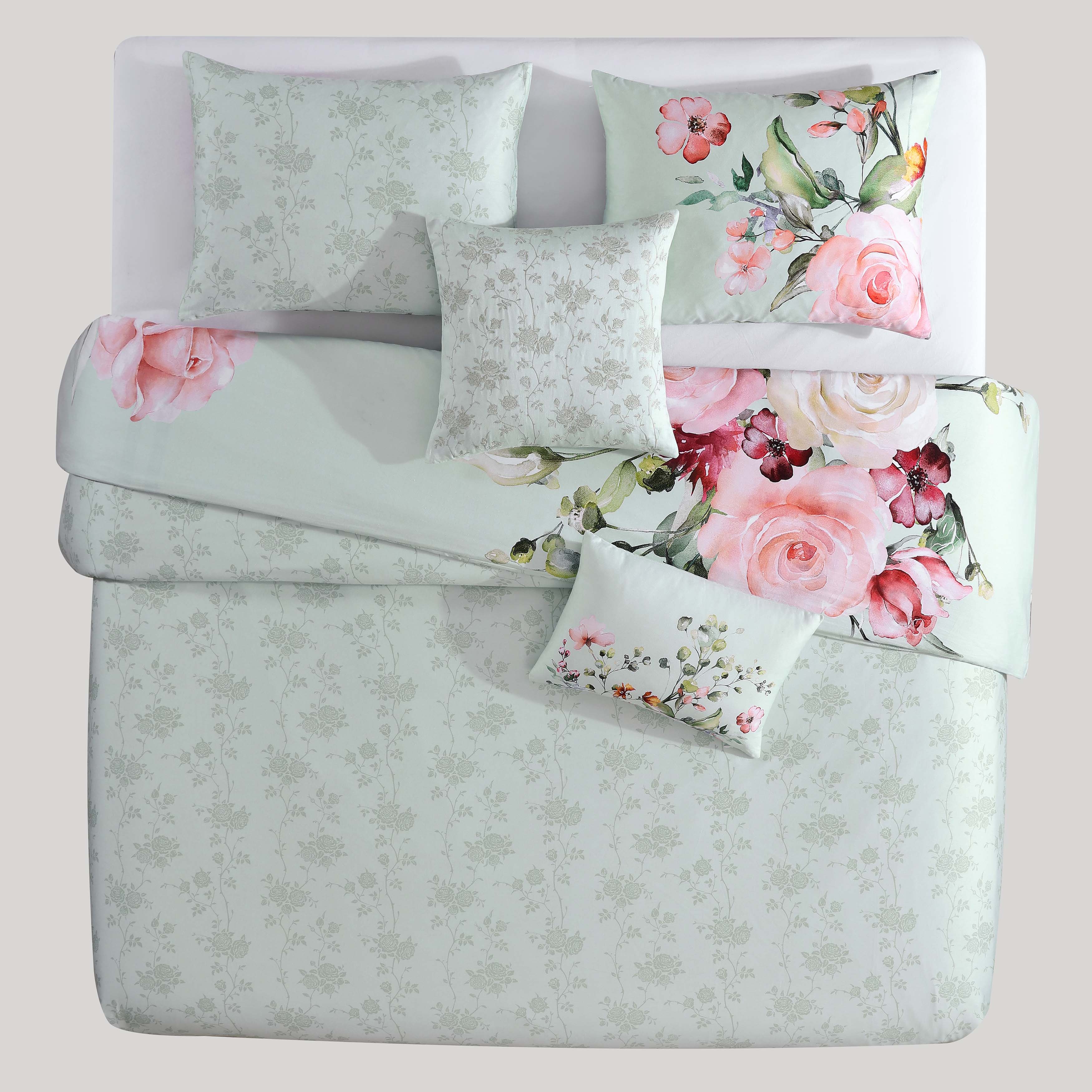 Bebejan Rose on Misty Green 5 Piece Reversible Comforter Set in Queen- Final Sale Comforter Sets By US Office - Latest-bedding