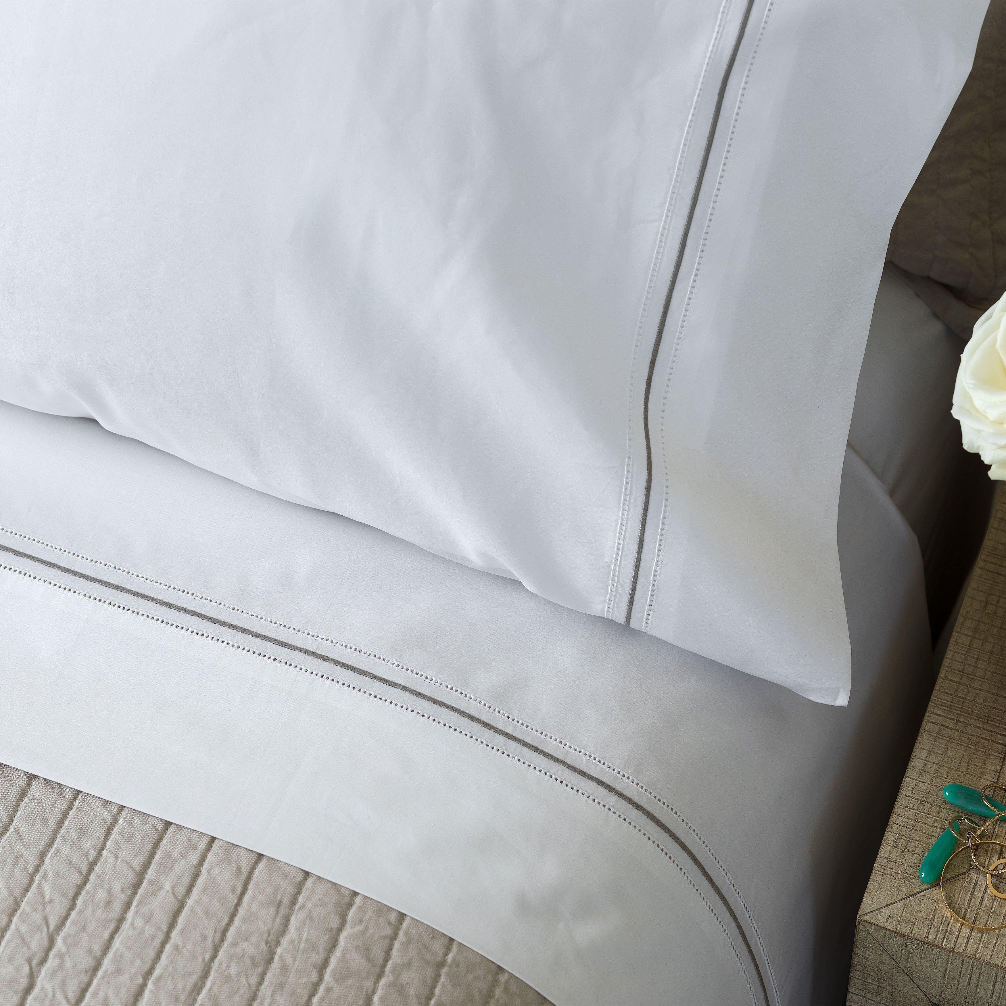 Bella White/Raffia Double Hem Stitch Pillowcase Set Pillowcase By Lili Alessandra