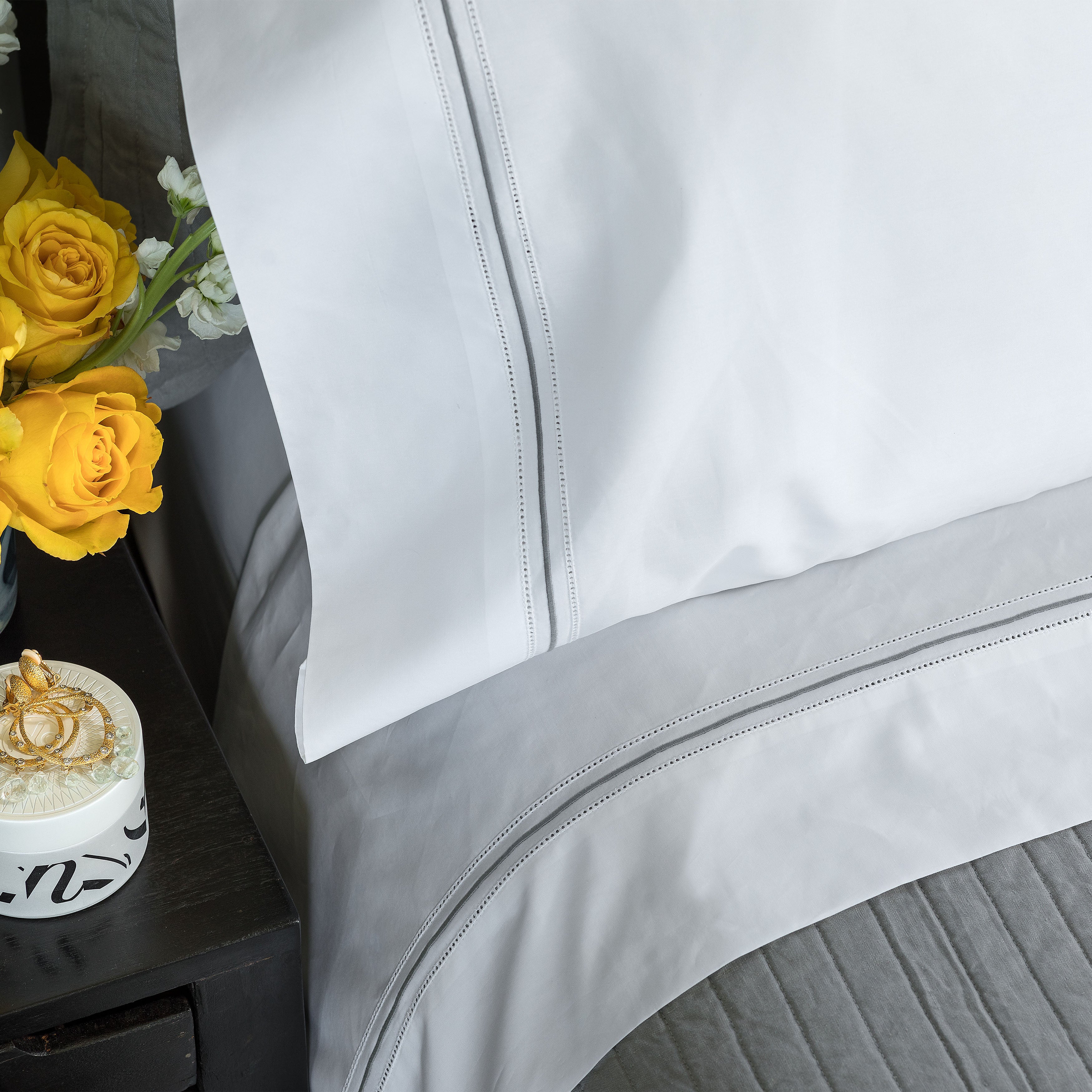 Bella White/Silver Double Hem Stitch Pillowcase Set Pillowcase By Lili Alessandra