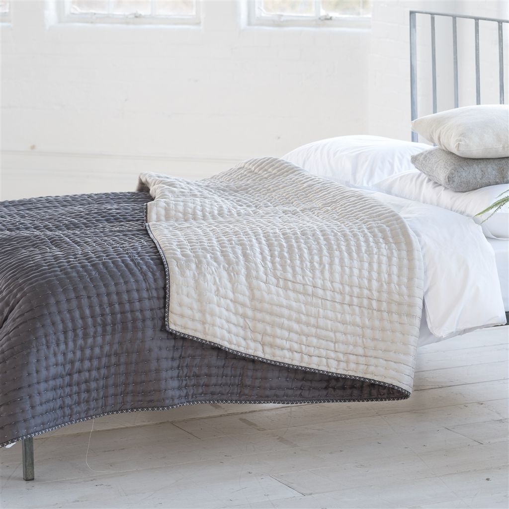 Chenevard Silver & Slate Hand Quilted Silk Quilt Quilt Sets By Designers Guild