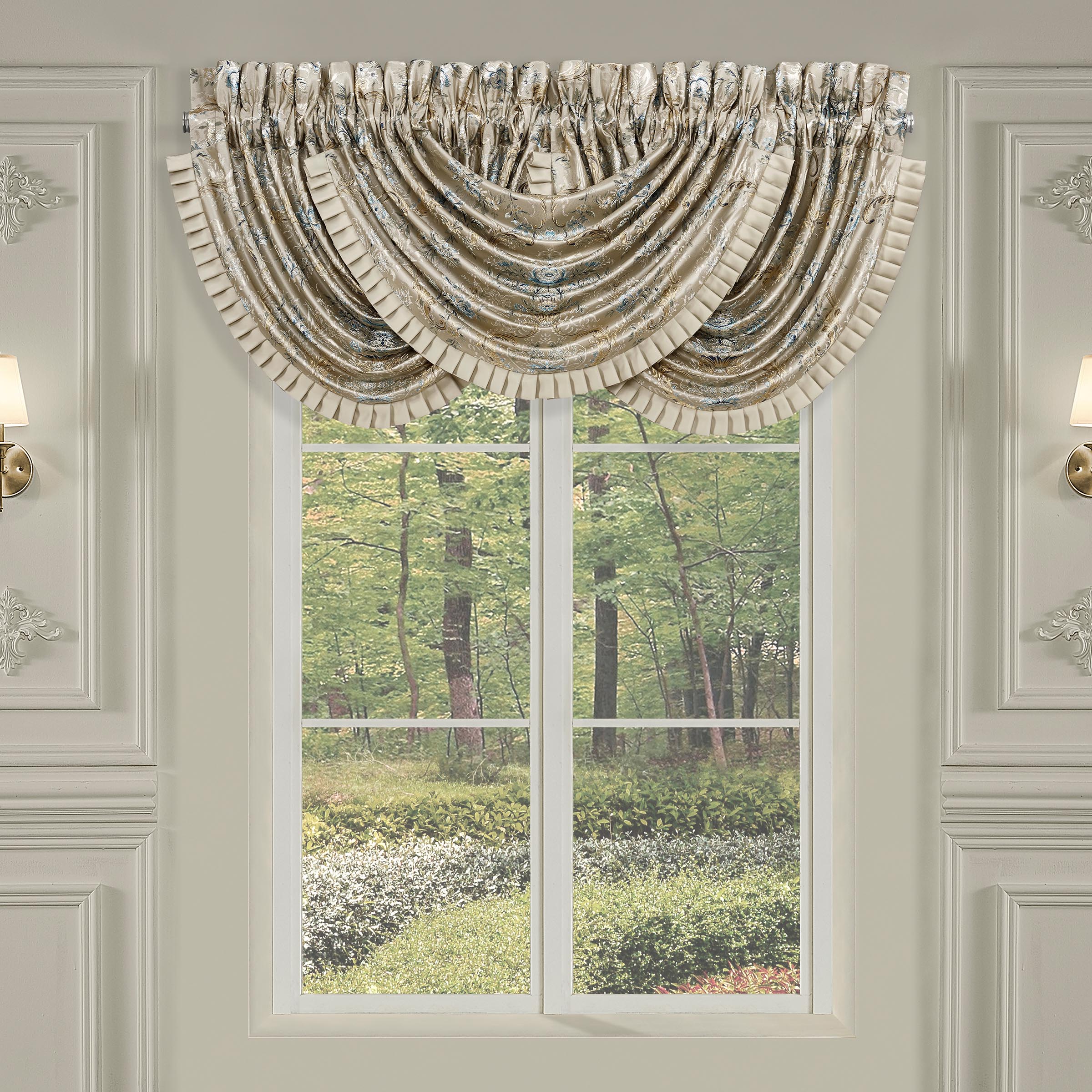 Jacqueline Teal Waterfall Window Valance By J Queen Window Valances By J. Queen New York