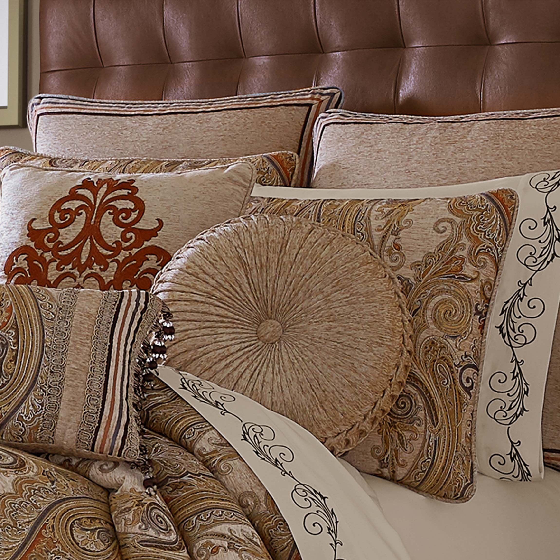 Luciana Beige Round Decorative Throw Pillow 15" X 15" By J Queen Throw Pillows By J. Queen New York