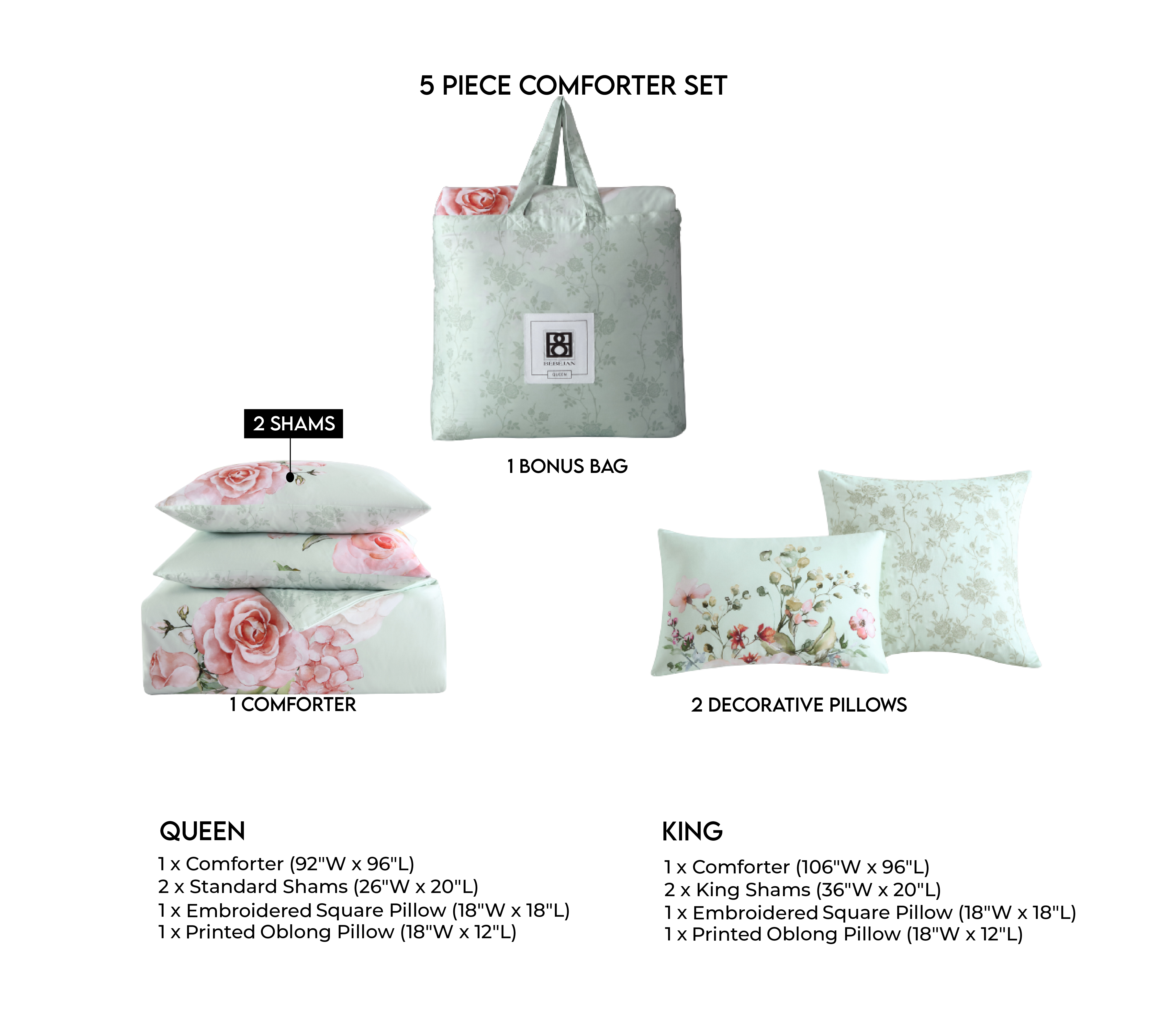 Bebejan Rose on Misty Green 5 Piece Reversible Comforter Set in Queen- Final Sale Comforter Sets By US Office - Latest-bedding