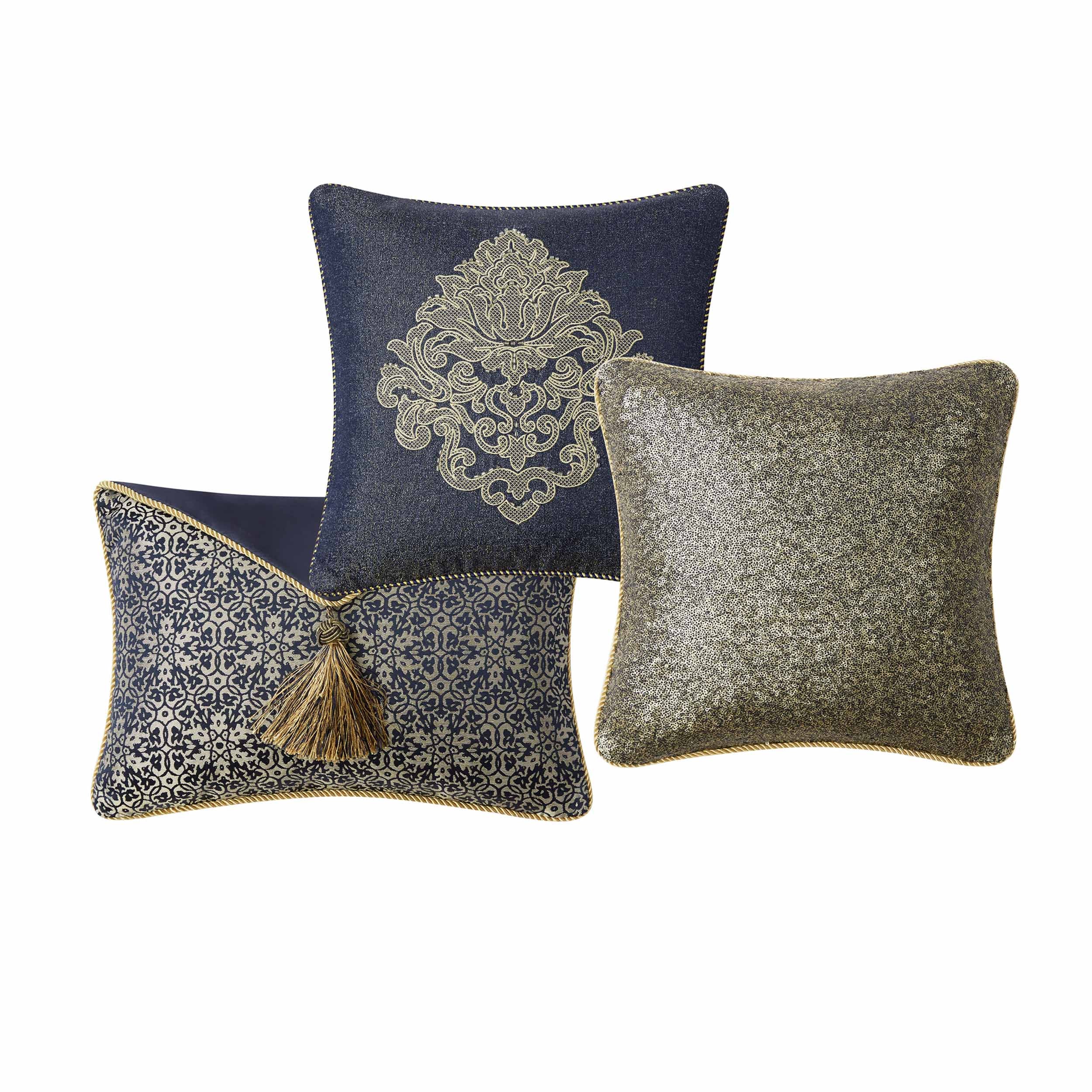 Vaughn Navy/Gold Decorative Throw Pillow Set of 3 Throw Pillows By Waterford