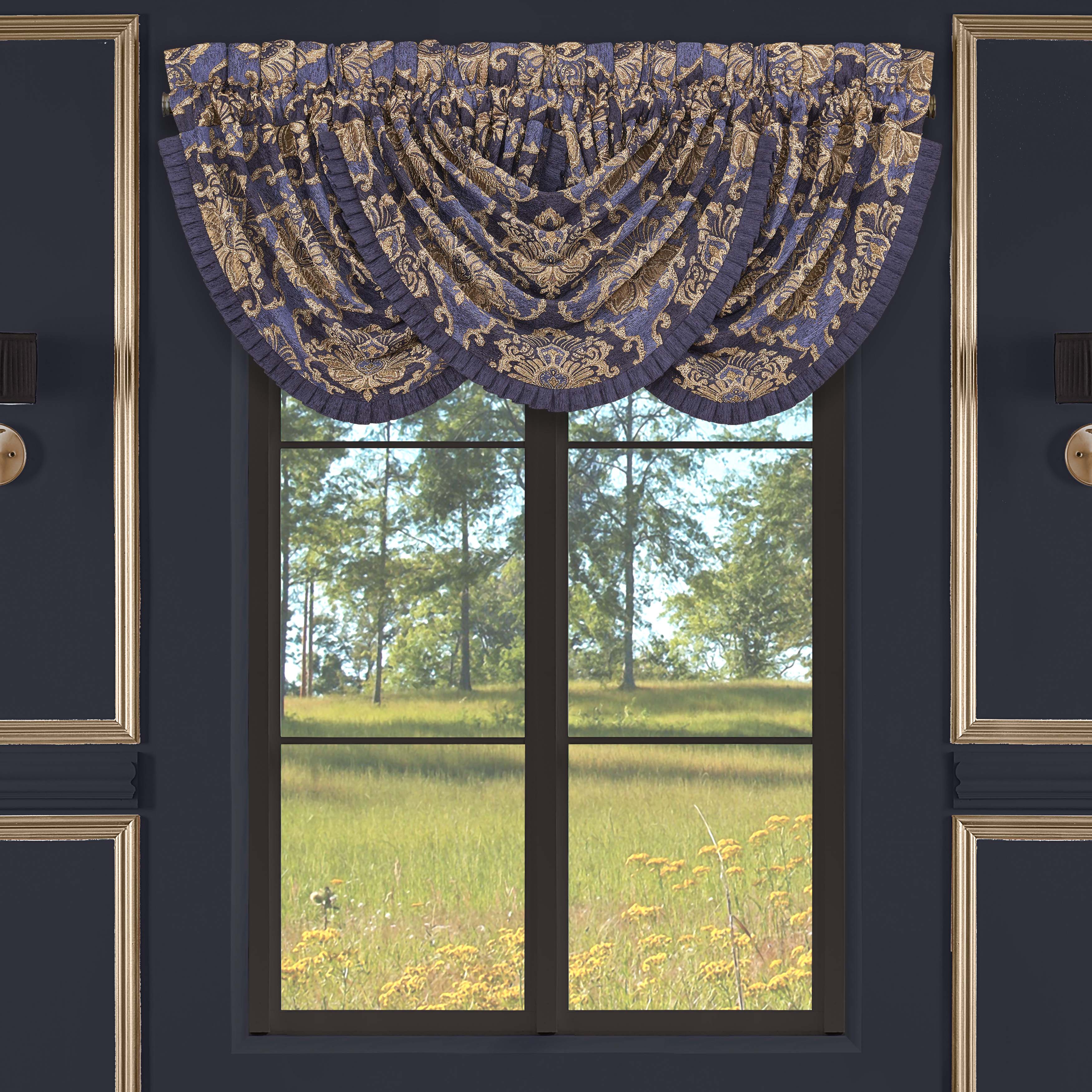 Woodstock Indigo Waterfall Window Valance By J Queen Window Valances By J. Queen New York