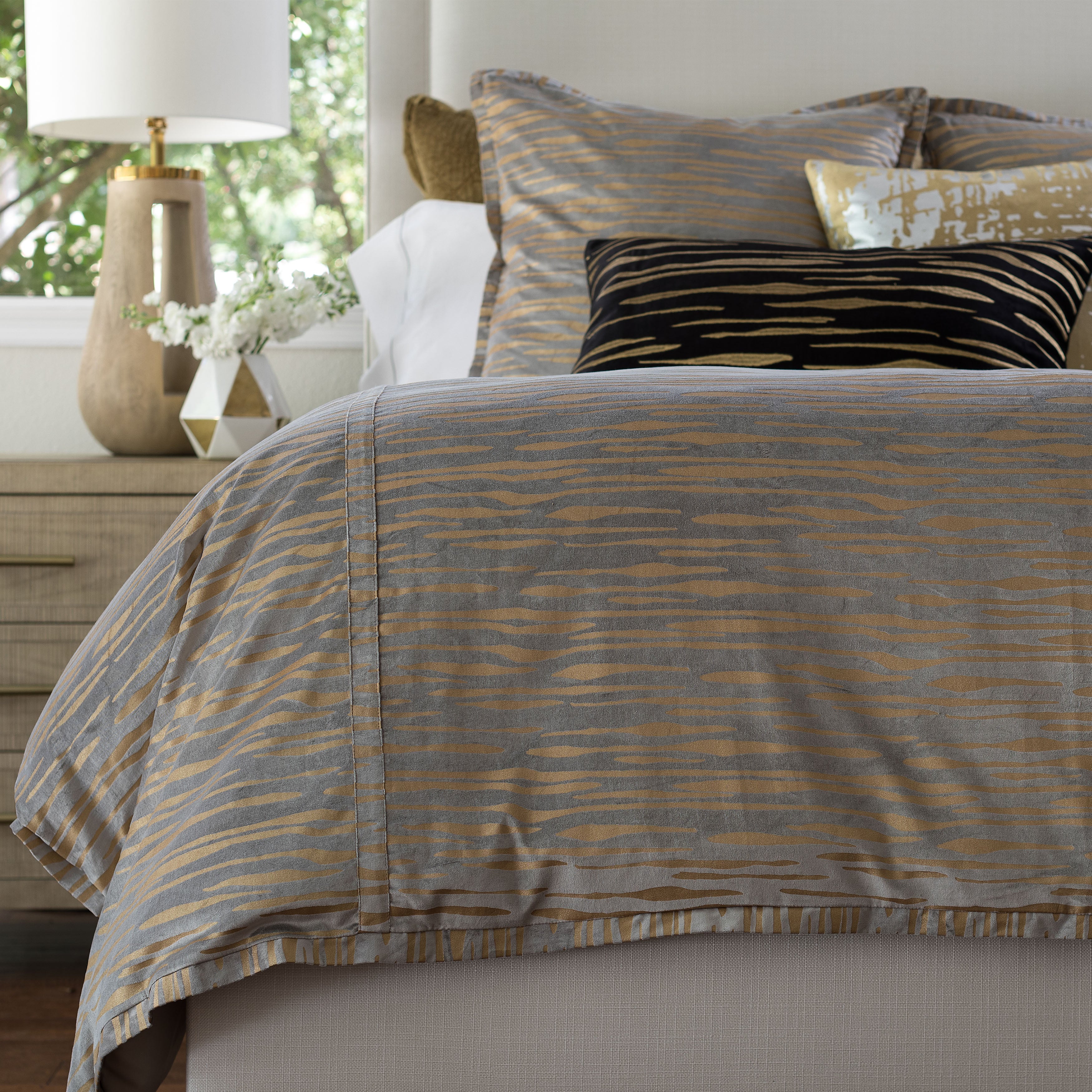Lili Alessandra Light Grey Matte Velvet Gold Print Duvet Cover Duvet Covers By Lili Alessandra