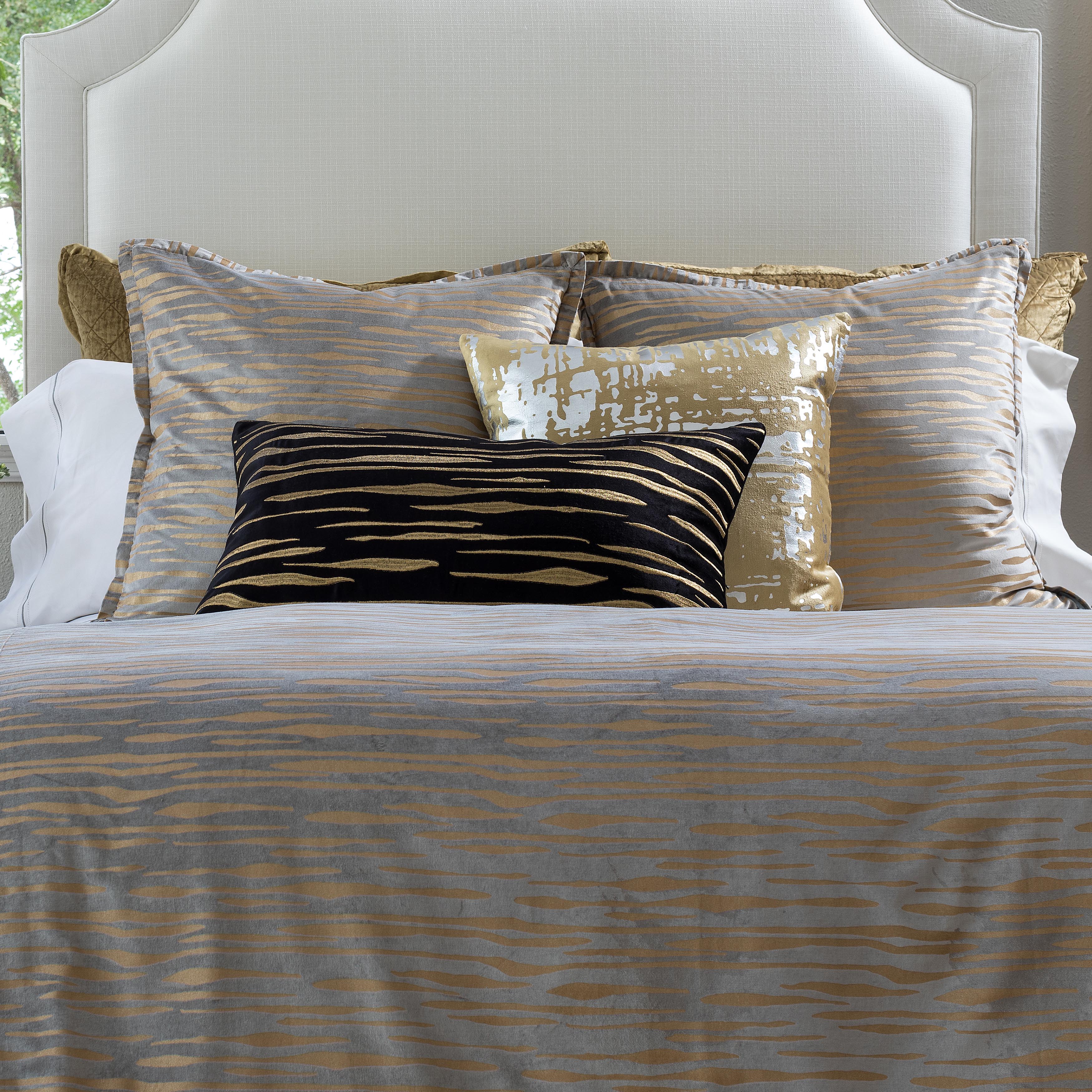 Lili Alessandra Light Grey Matte Velvet Gold Print Duvet Cover Duvet Covers By Lili Alessandra