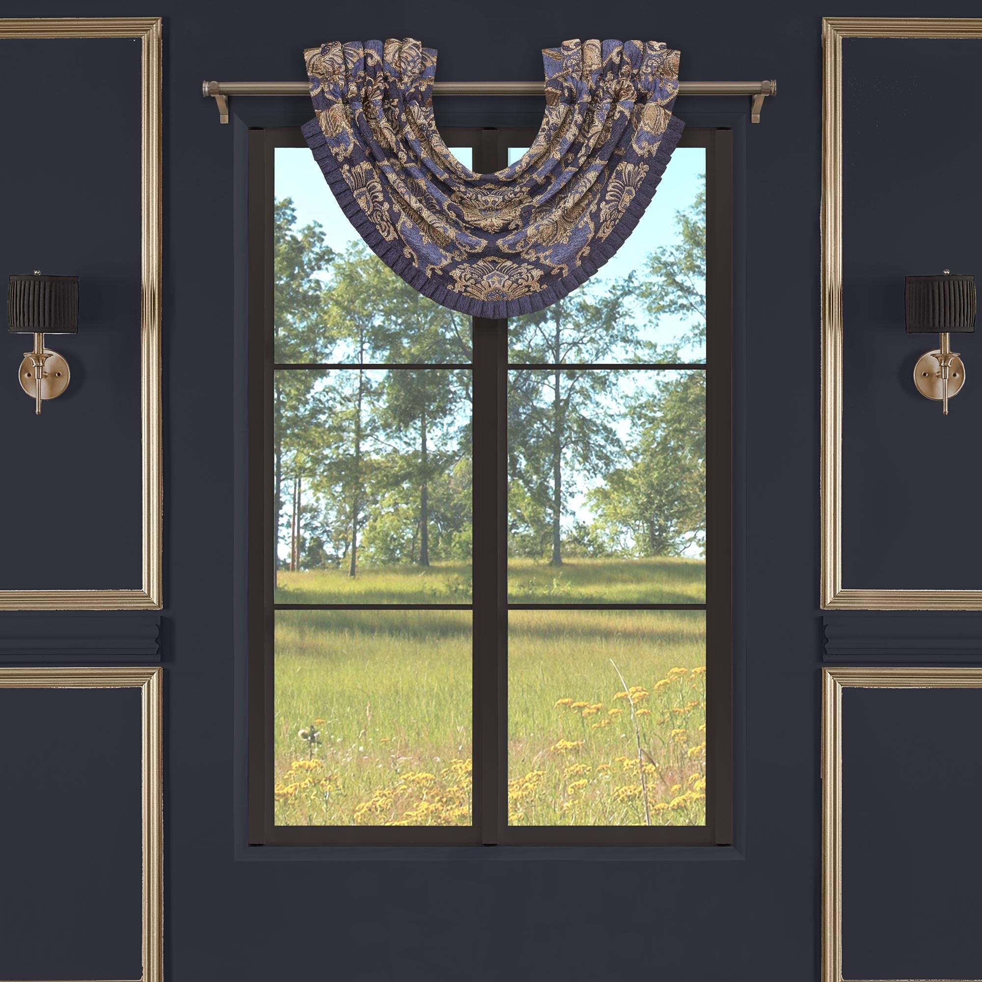 Woodstock Indigo Waterfall Window Valance By J Queen Window Valances By J. Queen New York